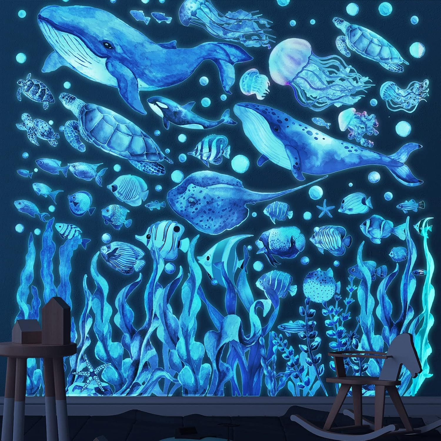 Glow in the Dark under the Sea Wall Decals Glowing Ocean World Themed Wall Stickers Sea Turtle Seaweed Jellyfish Removable Wall Decor for Bathroom Bedroom Nursery Toddler Kids Boys Girls Room