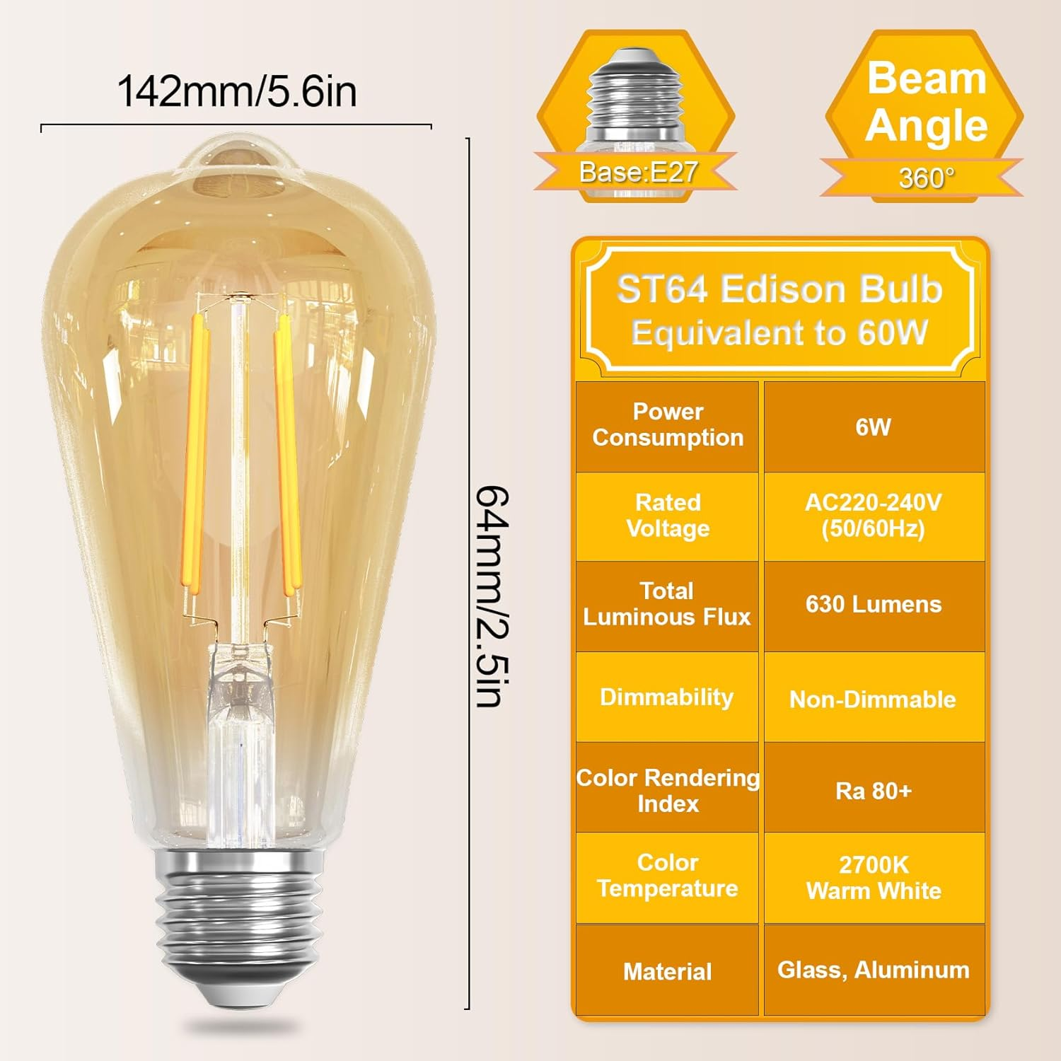 LUTW E27 Vintage Light Bulbs, 6W ST64 Edison Screw Bulb 60W Equivalent, 630LM 2700K E27 LED Bulb Warm White, Antique Style Retro Amber Glass Filament Lamp, Non Dimmable, Pack of 2 image number 5
