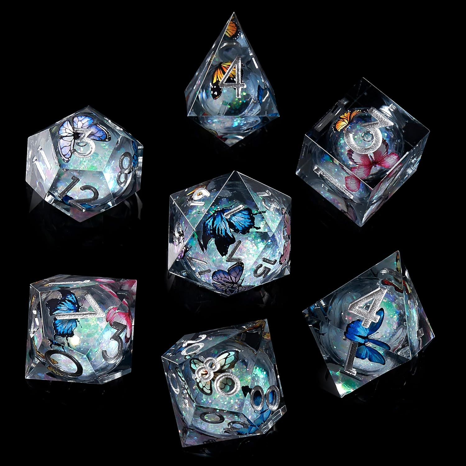 Liquid Core DND Dice Set,Sharp Edge Liquid Core Resin Handmade Cat Eye Dice with Gift Box 7 PCS for Role Playing Dungeons and Dragons Ttrpg(Purple&Blue Quicksand)