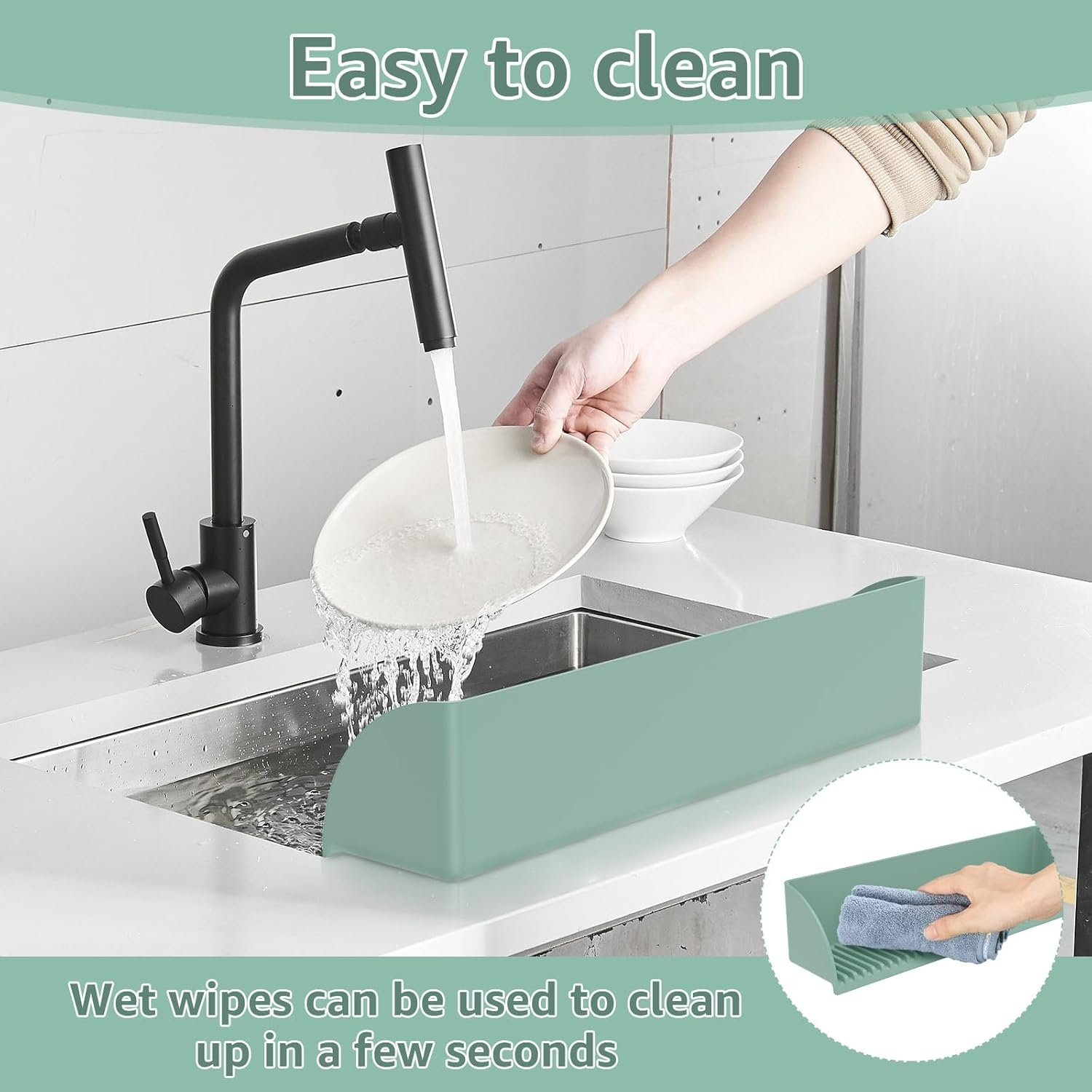 Silicone Sink Water Bathtub Splash Guard with 4 Suction Cups Kids Bath Toys Organizer Bath Storage Tray Raised Edge Design for Kitchen and Bathroom(Green) - Pink image number 5