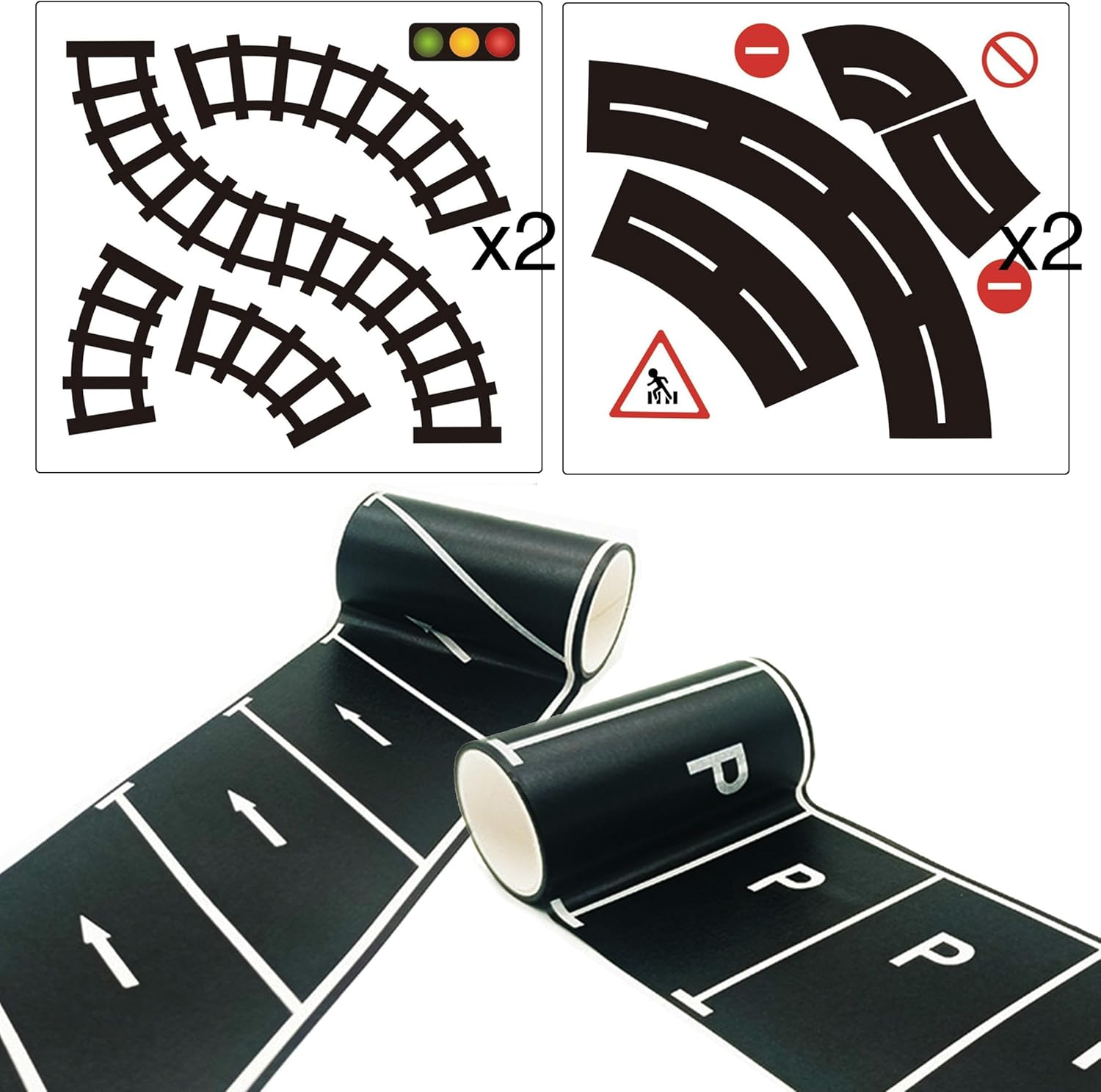 YUBX Road Tapes & Curves Stickers Set 8 Rolls Black Highway Washi Tapes Traffic Decorative Masking Tape for Toy Cars, Vehicles Kits, Kids Party Gift image number 6