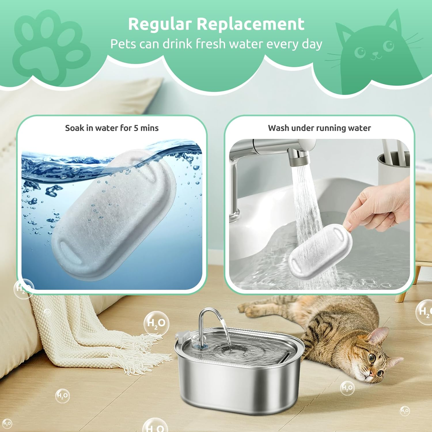 Cat Fountain Filter, Pack of 12 Replacement Filters for 108 Oz/3.2 L Stainless Steel Cat Fountain, 12 Pieces Carbon Filters and 12 Pieces Foam Filter Triple Filter for 2 L Drinking Fountain for Cats image number 1