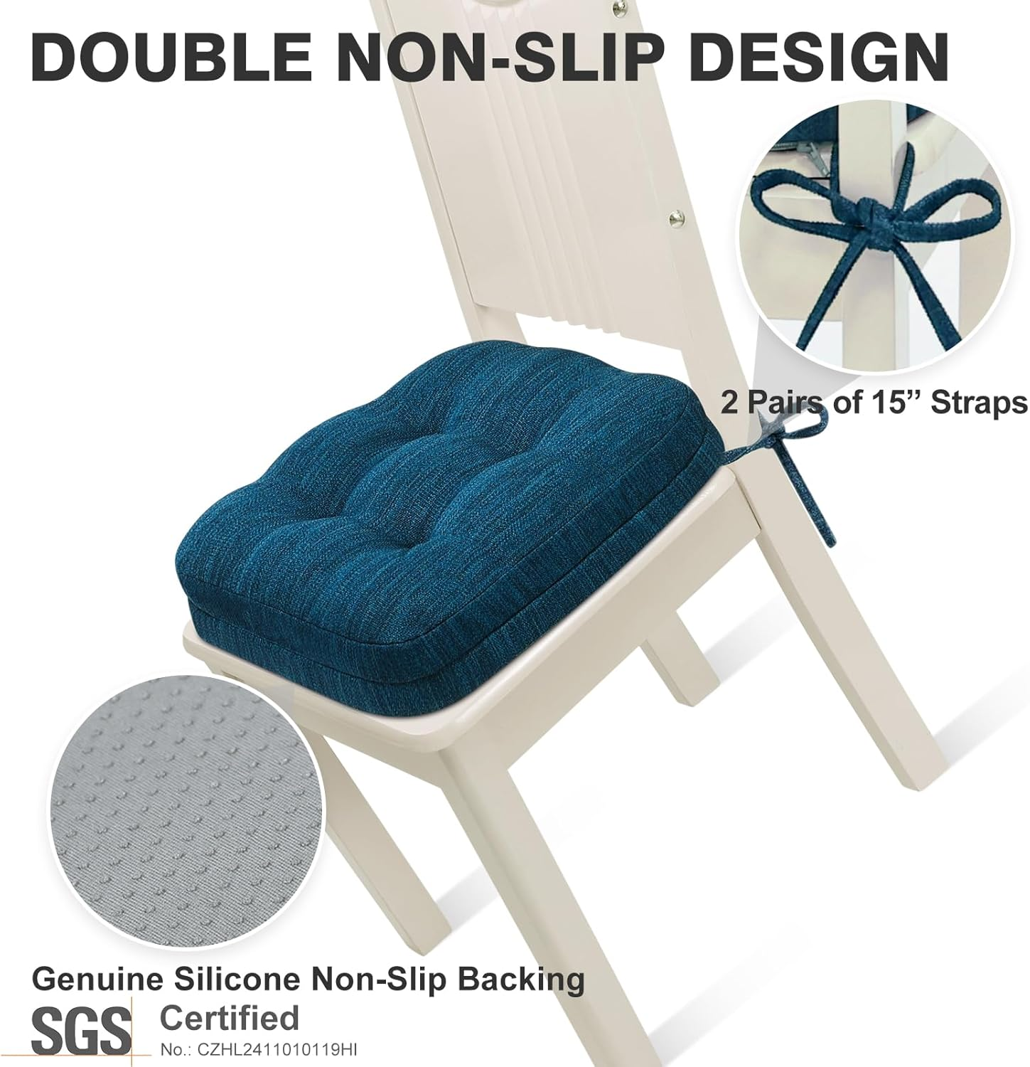 Shinnwa Chair Cushions for Dining Chairs 4 Pack, Tufted Memory Foam Kitchen Seat Cushions, Non-Slip Chair Pads with Ties, 16.5&rdquo; X 16.5&rdquo; X 3.5&rdquo;, Navy Blue, Set of 4 image number 7