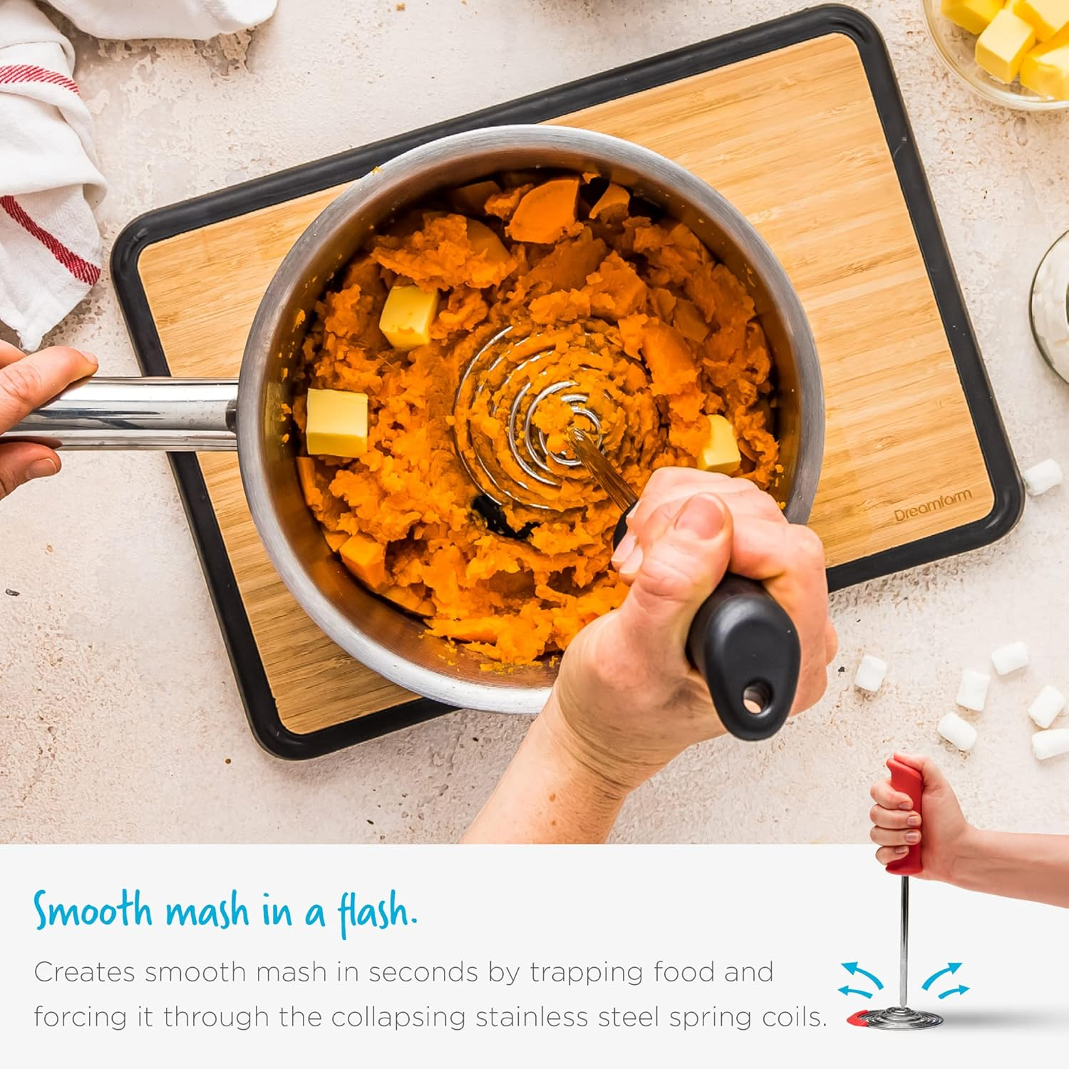 Dreamfarm Smood One-Handed & Ergonomic Soft-Grip, Stainless-Steel Vegetable & Potato Masher with Silicone Bowl Scraper - Black