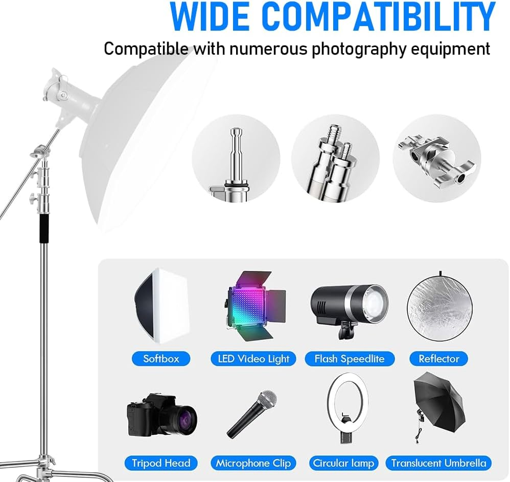 Studio Light Stand Heavy Duty Stainless Steel C Stand 1.5-3.3M Adjustable Light Stand, Photography Light Stand with Boom Arm Grip Head Sandbag, for Reflectors Softboxes Monolights Umbrellas image number 3