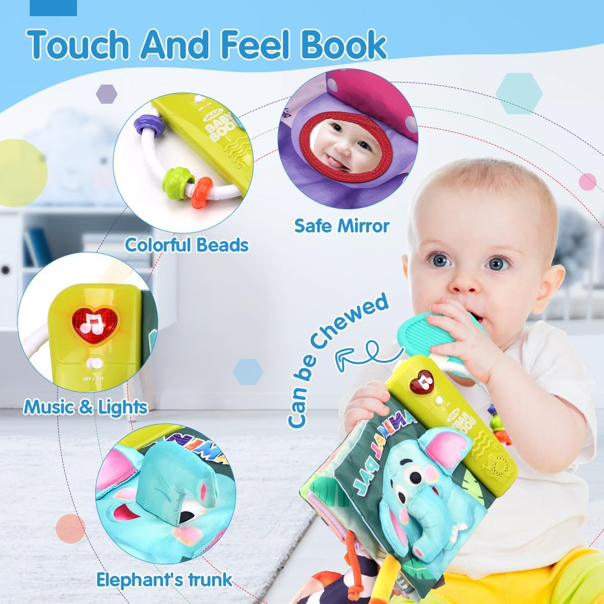 REMOKING Baby Books 0-3-6-12 Months,3D Touch and Feel Crinkle Cloth Book for Baby Infant, Sensory Toys Tummy Time Books W/Music,Mirror,Teether,Colorful Beads,Baby Shower Gifts,Stroller Travel Toys image number 5