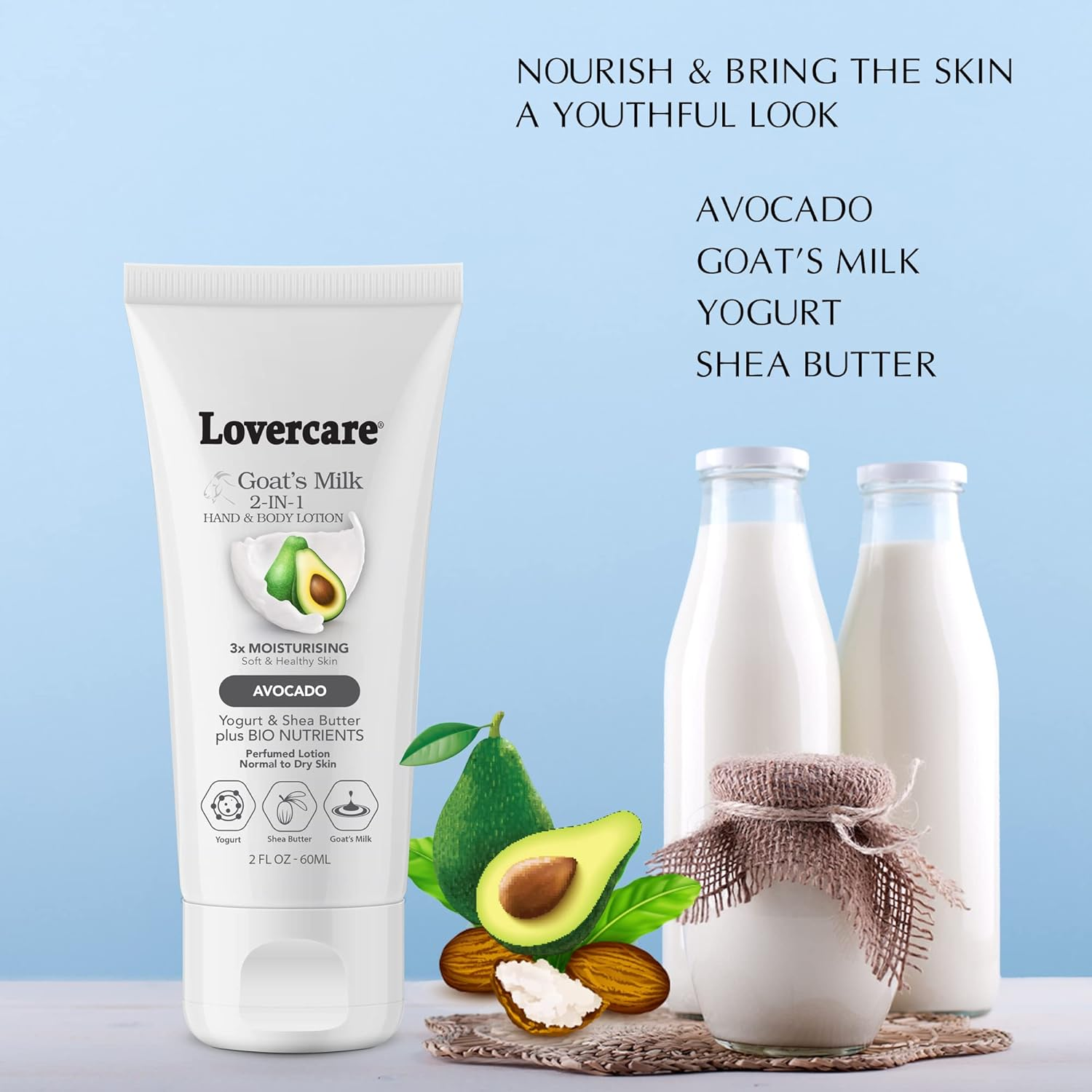 Lovercare 4-PACK Goat Milk 2-IN-1 Hand & Body Lotion for Dry Skin 2 Oz (60 Ml) Avocado - Pack of 4 image number 1
