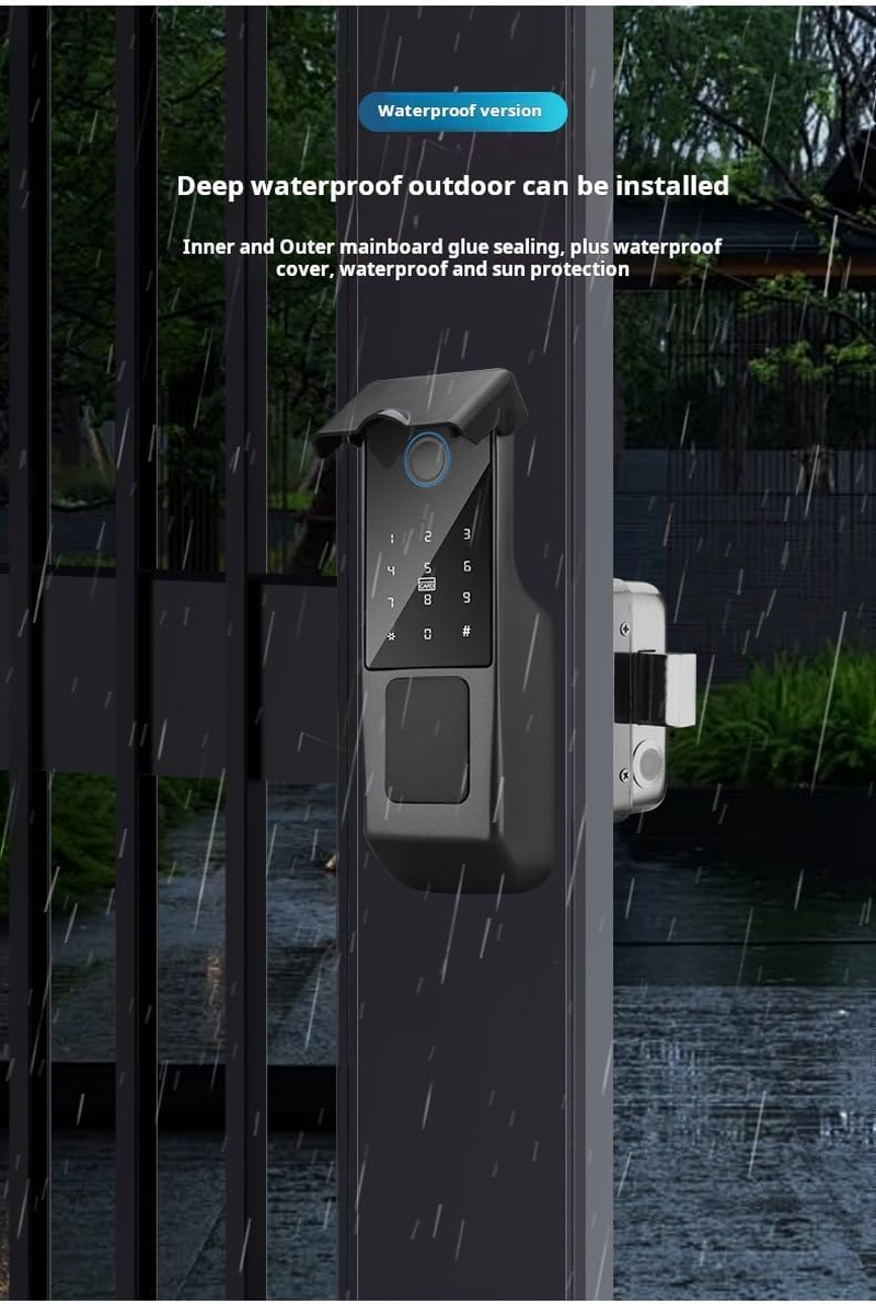 Xenocam Waterproof Outdoor Gate Smart Rim Smart Door Lock Wifi Fingerprint Smart Lock Support Password IC Card Key Wiring Digital Gate Access Control for Tuya image number 4