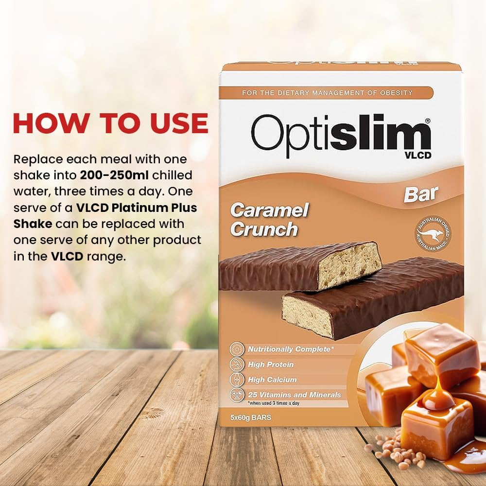 Optislim VLCD Meal Replacement Bar, High Pure Protein Bar, Low Carb Healthy Diet Snack, Low Sugar Snacks with 25 Vitamins & Minerals, Caramel Flavor, 5 X 60G