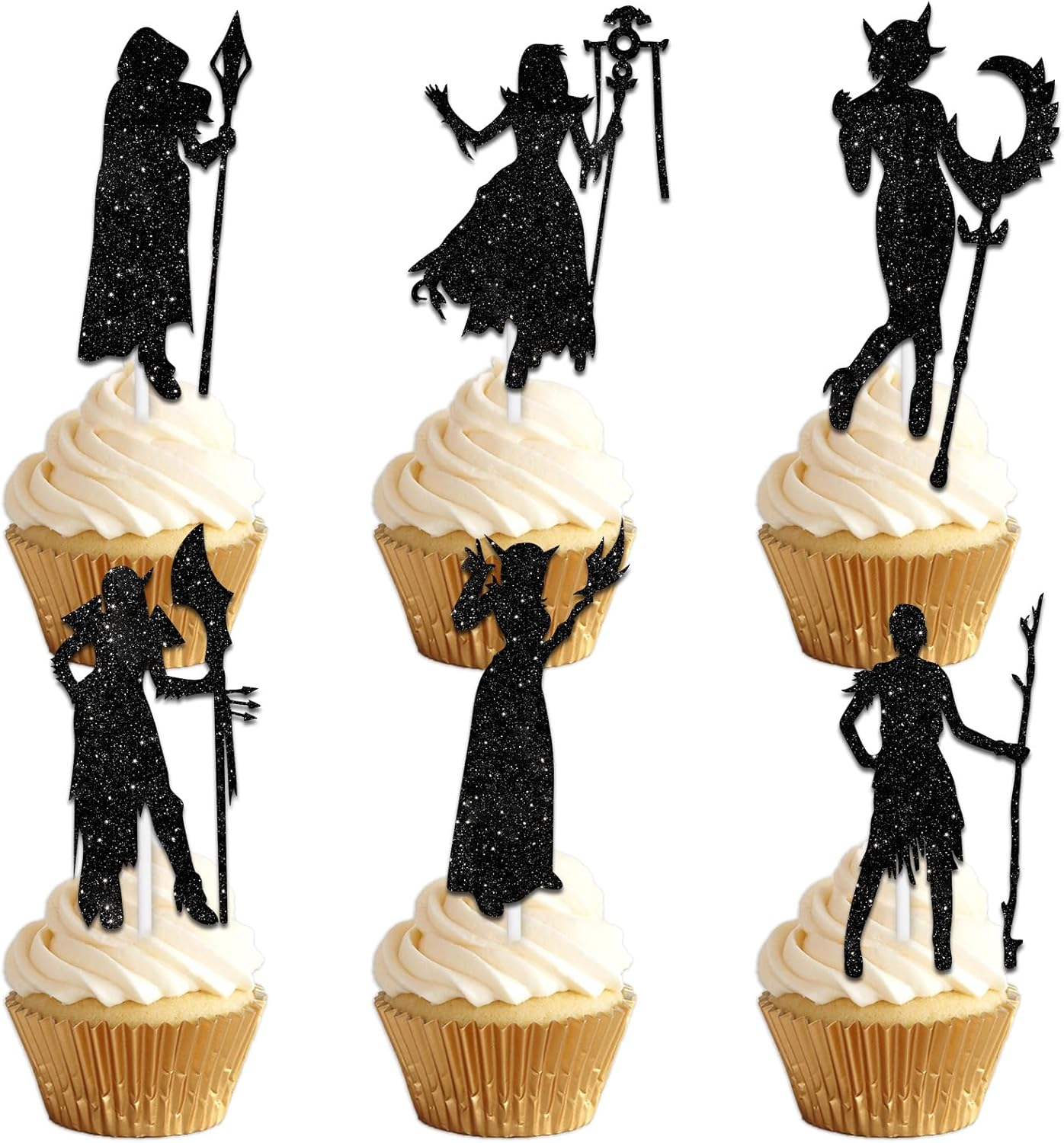 18Pcs Black Silhouette Glitter Woman Warrior Dessert Cupcake Topper Pick for Game Player Cosplay Play Gaming Sports Party Theme Decor Supplies Men Women Boys Girls Happy Birthday Party Decoration image number 4