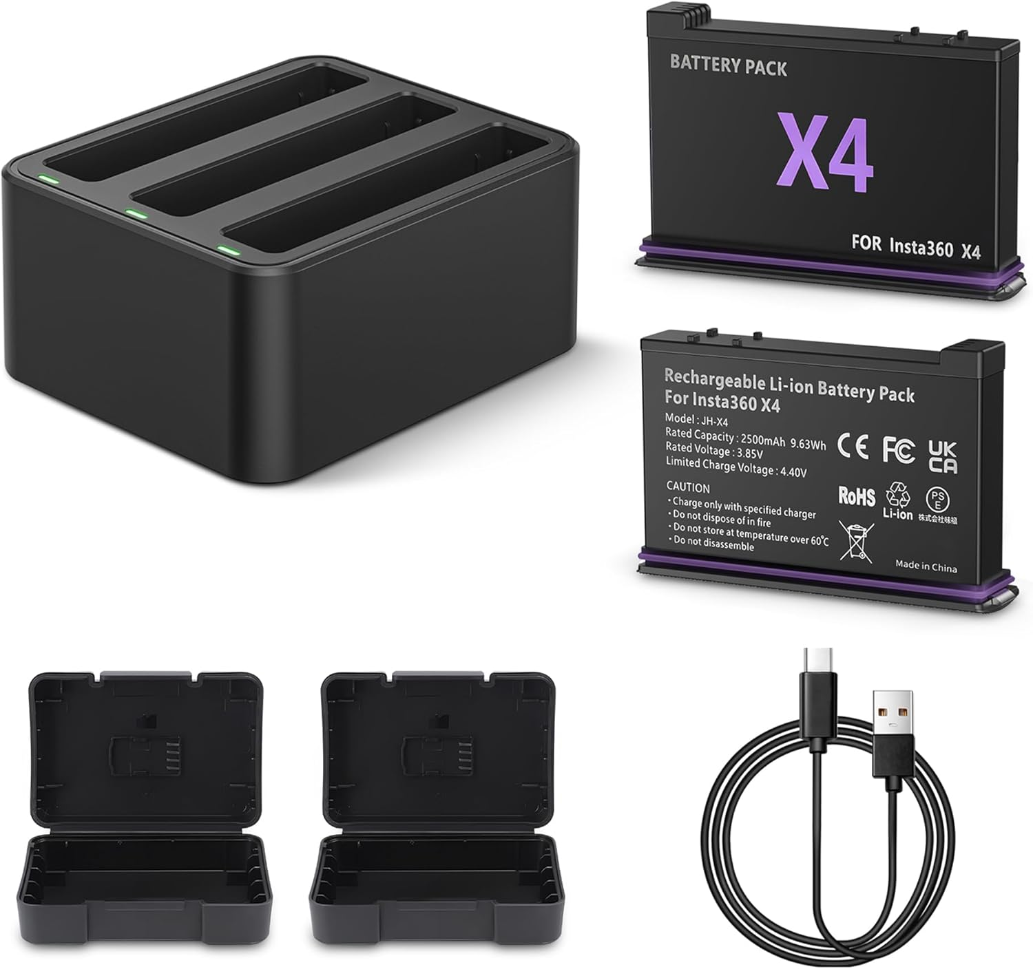 Fast Charge Hub with 2 Packs Batteries(2500Mah) for Insta360 X4, Quick Portable Battery Charge Storage Station Compatible with Insta360 X4 (2 Channel Set)