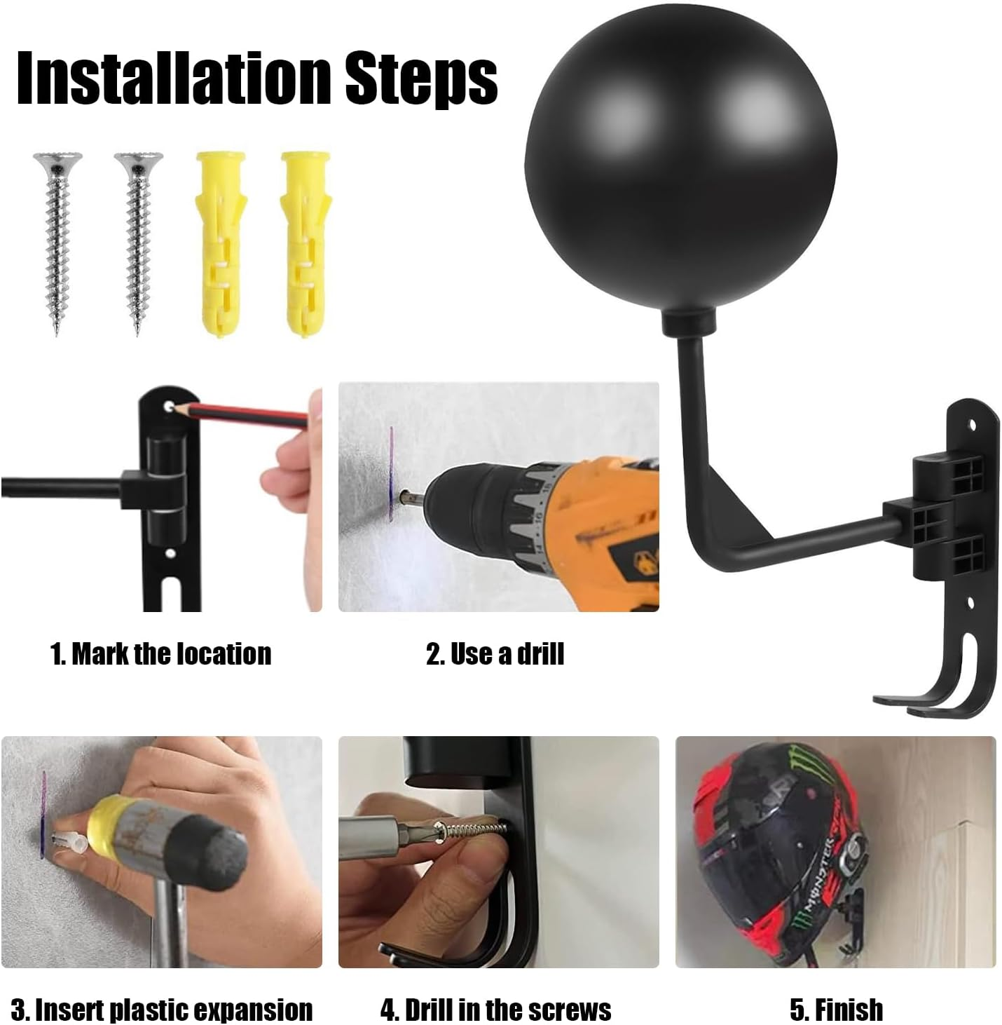 180&deg; Motorcycle Helmet Rack, Helmet Storage Hook, Rotatable, Metal Wall Mount. Helmet Holder Bike, Suitable for Motorcycle Bicycle Helmets, Hats, Baseball, Football Helmets image number 2