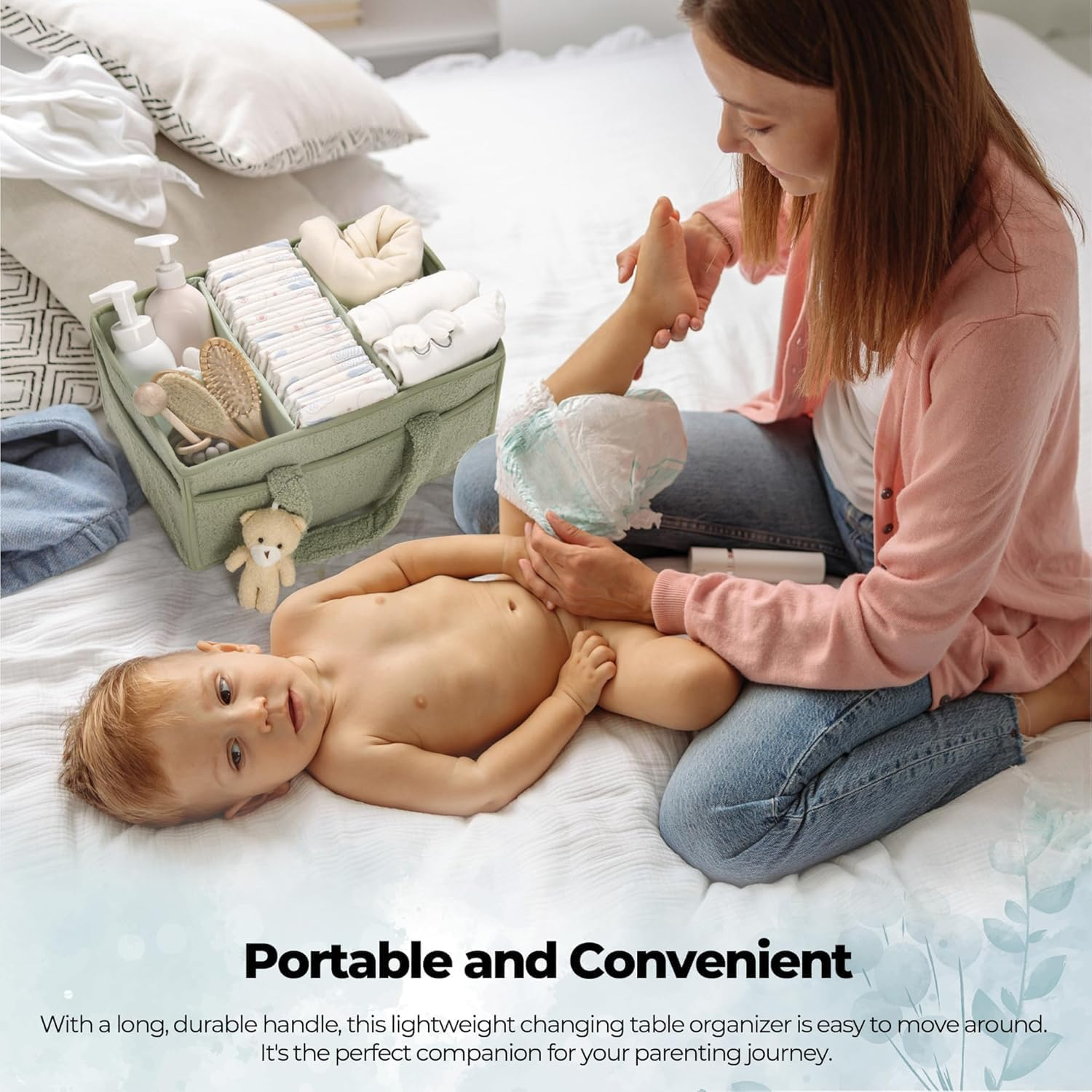 Baby Nappy Caddy Diaper Caddy Organizer, Baby Storage Basket for Diapers and Wipes (Green, with Bear) image number 6