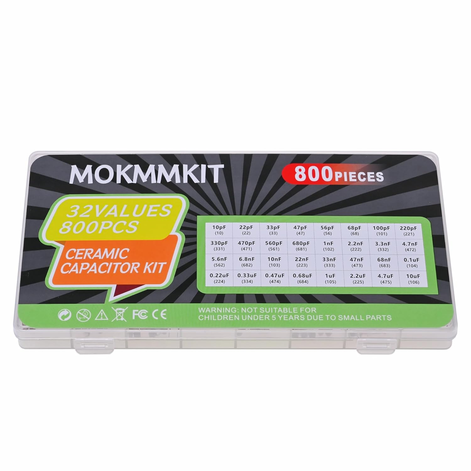 MOKMMKIT 32 Values 800 Pieces Ceramic Capacitor Assortment Kit Capacitors from 10Pf to 10Uf 50V Multilayer Monolithic Capacitor image number 4