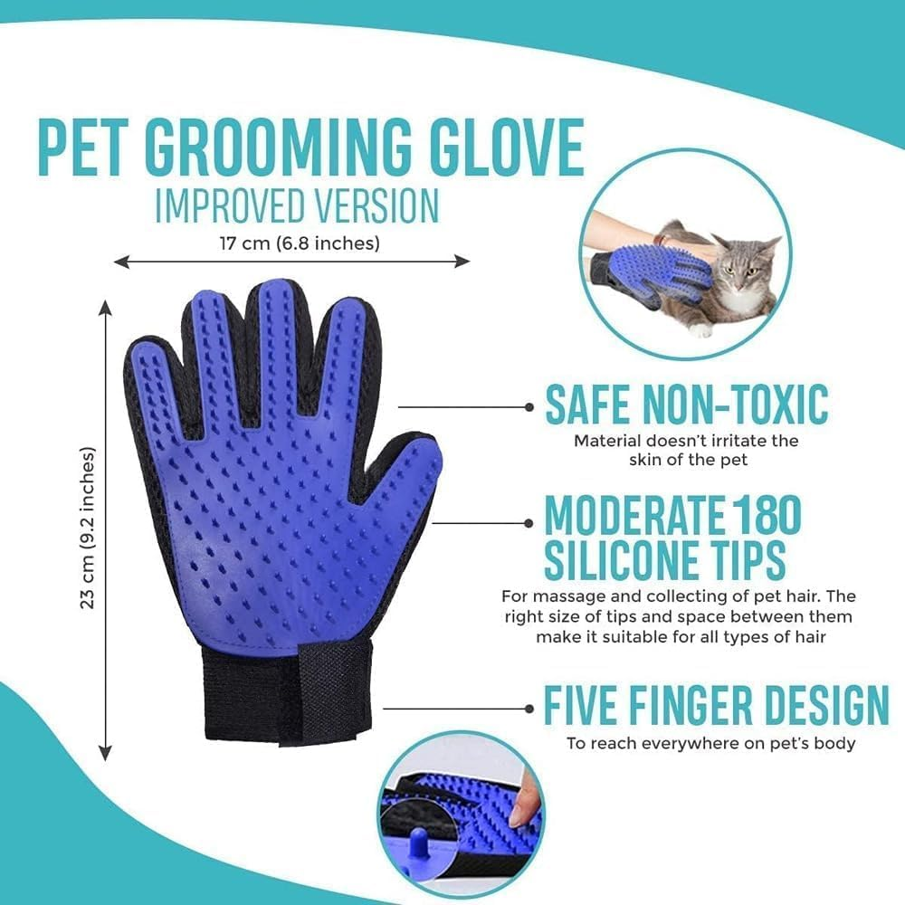Mumoo Bear Pet Grooming Glove - Pet Hair Remover &ndash; Mitt Brush - Deshedding Brush Glove - Glove Brush for Gentle Massage &ndash; Moulting - for Cats & Dogs with Long & Short Fur (Blue, Right)