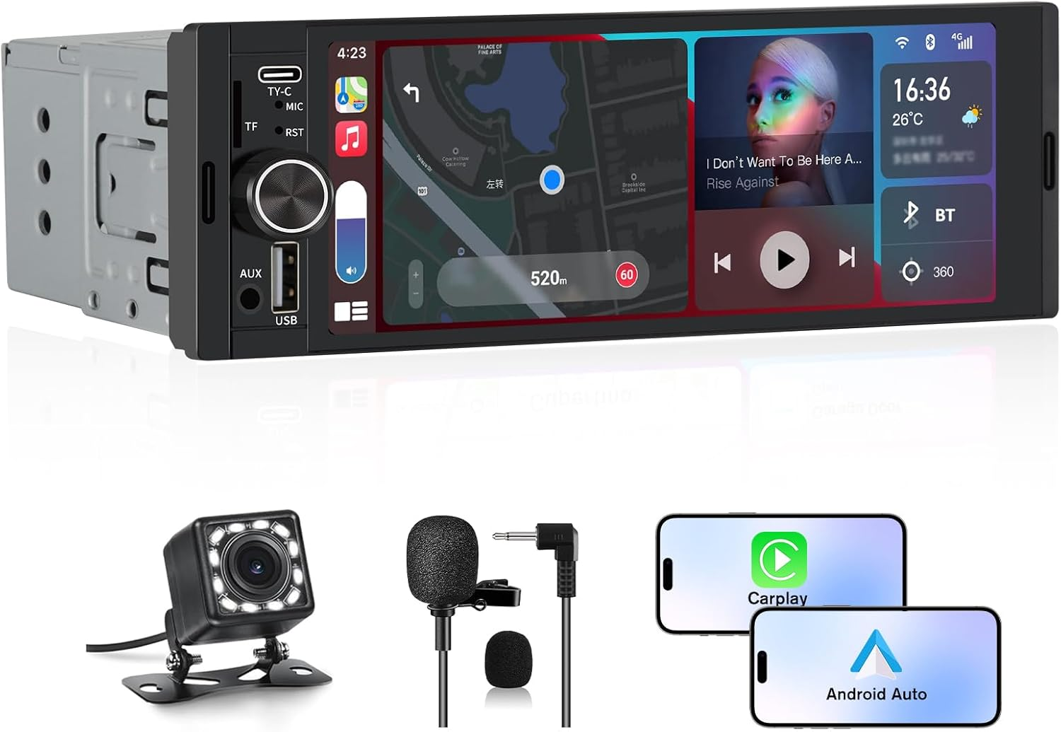 Junsun Single DIN Car Stereo with Carplay and Android Auto, Radio 1 Din with Reversing Camera FM Type-C Port Function image number 3