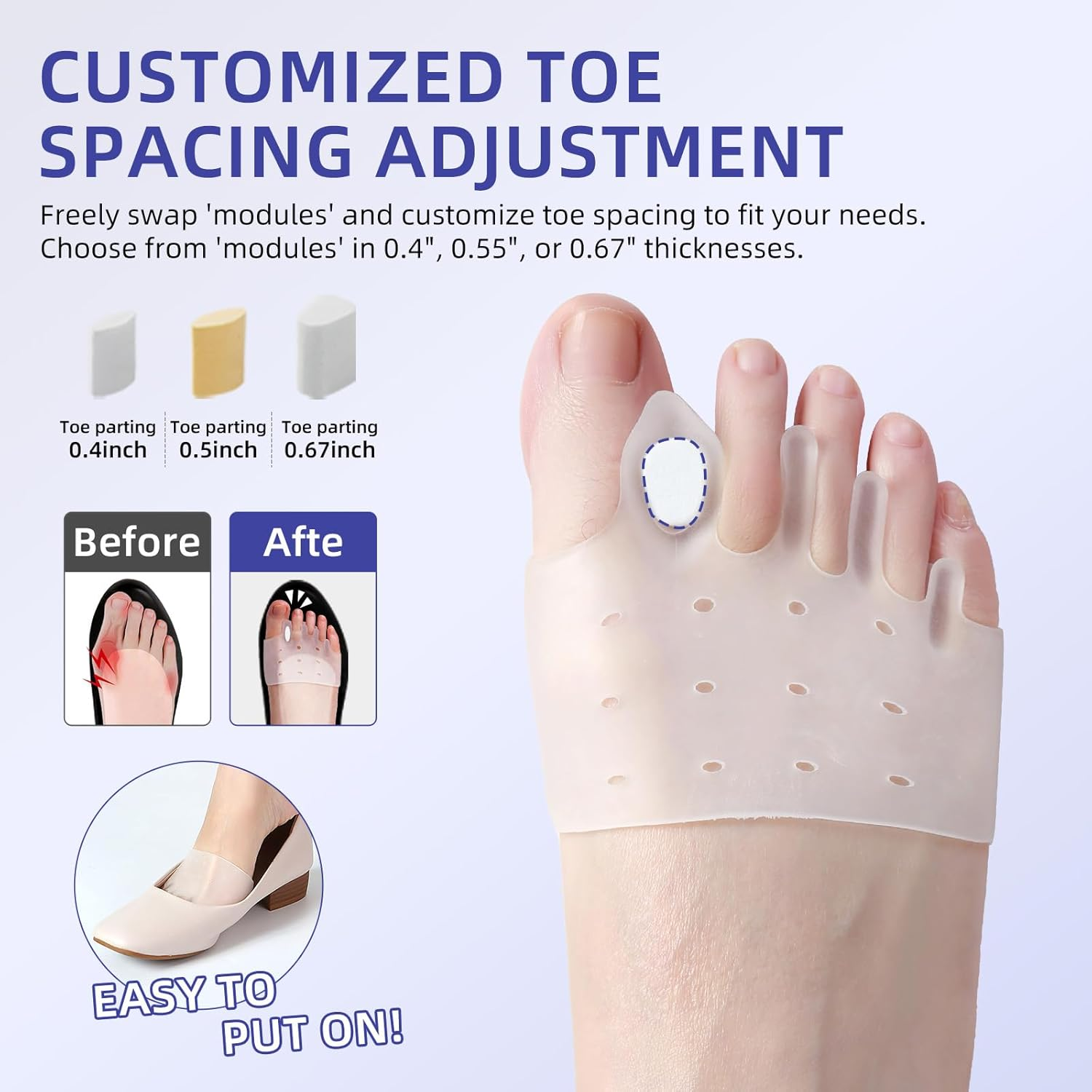 Hewaomm Adjustable Hyggear Silicone Toe Separators, 2 Pairs Spacers Bunion Corrector for Women Men, Ball of Foot Cushions for Overlapping Hammer Big Toes image number 4