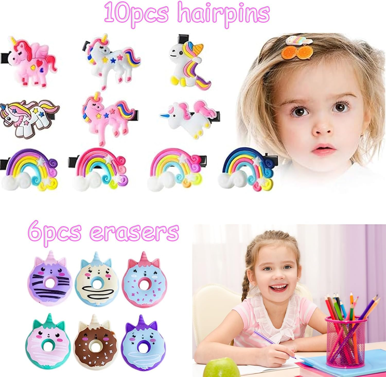 Unicorn Party Favors for Kids Unicorn Party Supplies 12 Slap Bracelets,12 Stamps,10 Sheets Luminous Temporary Tattoos,10 Unicorn Hair Clips,6 Unicorn Erasers for Birthday Party image number 2