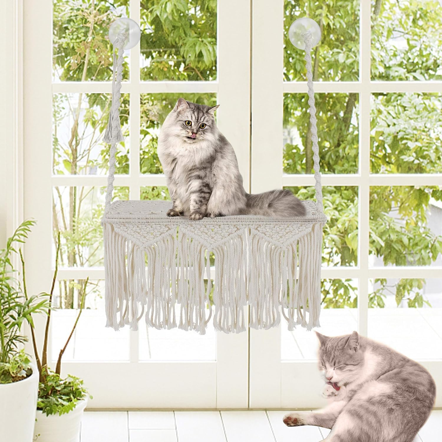 Cat Window Perch, Macrame Cat Hammock Boho Wall Mounted Pet Resting Seat Bed for Sunbathing, Napping & Overlooking with 4 Seat Suction Cups(No Pet Mat Included) image number 6