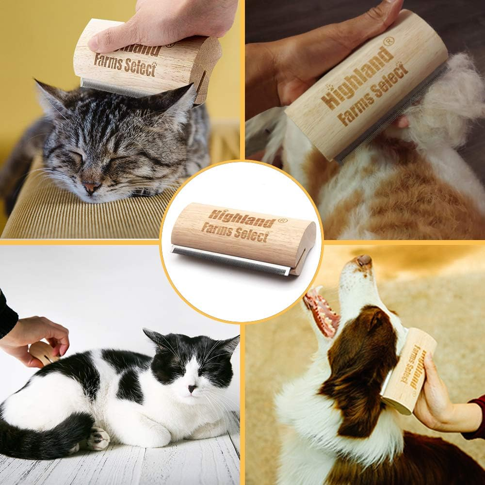 Highland Farms Select Wood Groom Brush, Deshedding Grooming Tool, Professional Pet Wooden Groomer, Ergonomic Design, No Hurt for Dogs, Cats and Horses - 5 Inch