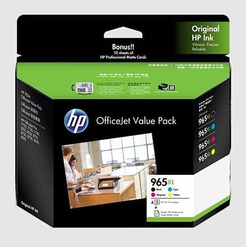 HP 965XL Value Pack CMYK Ink Cartridges W/ 10Sh 10X15 Pro Matte Paper (22A80A) - NES