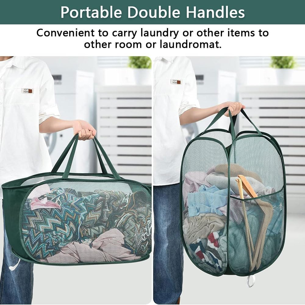 2 Pack Foldable Pop up Mesh Laundry Hampers Large Green Laundry Baskets with Handles and Side Pocket for Clothes Toys and Home Storage image number 1
