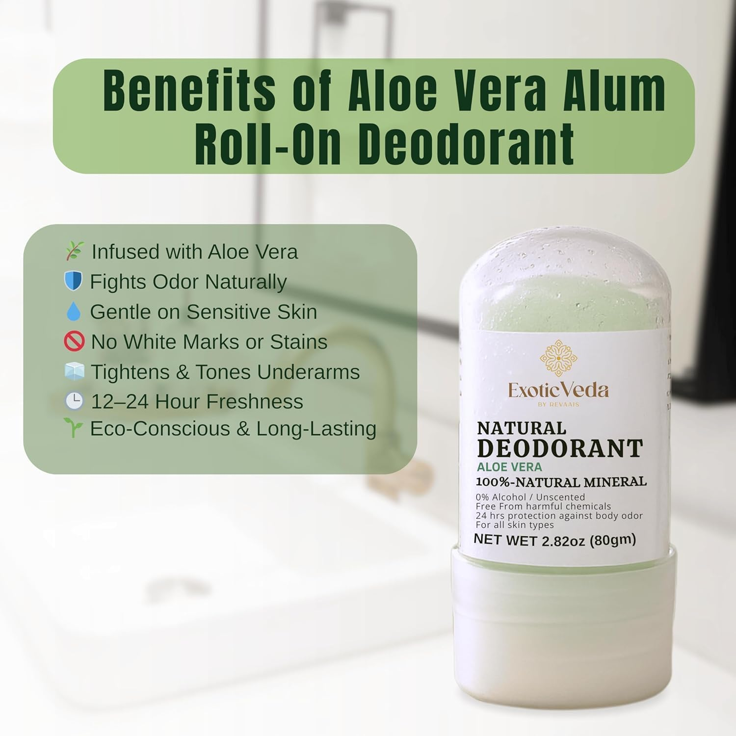 Alum Aloe Vera Deodorant Stick | 100% Natural Mineral Salt Roll-On | Alcohol & Chemical-Free | 24-Hour Odor Protection | Gentle on Sensitive Skin | Travel-Friendly, 80G (2.82 Oz) image number 4