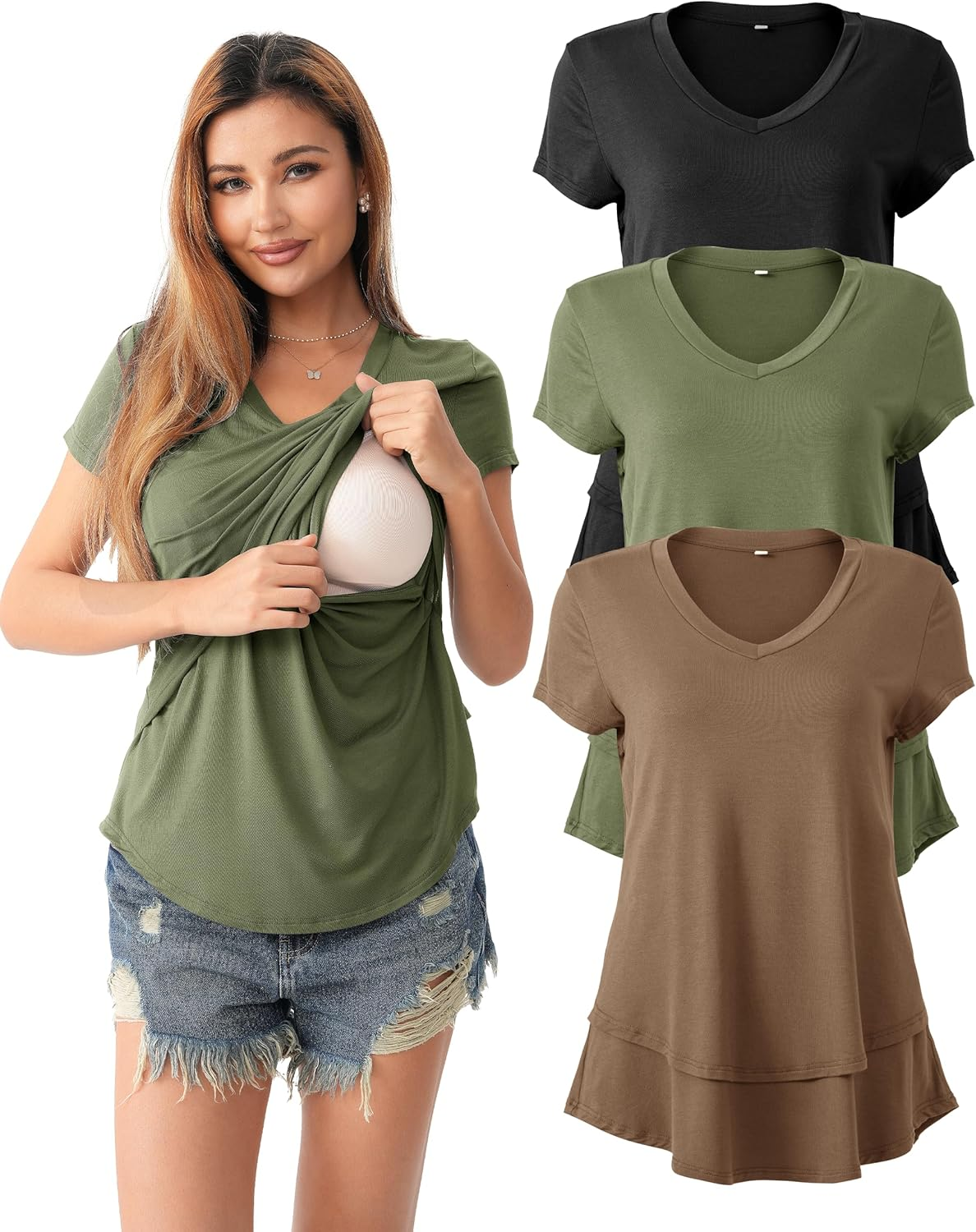 SUNNYBUY 3 Pack Hidden Nursing Tops for Breastfeeding Women Double Layer V Neck Maternity Shirts Postpartum Tee