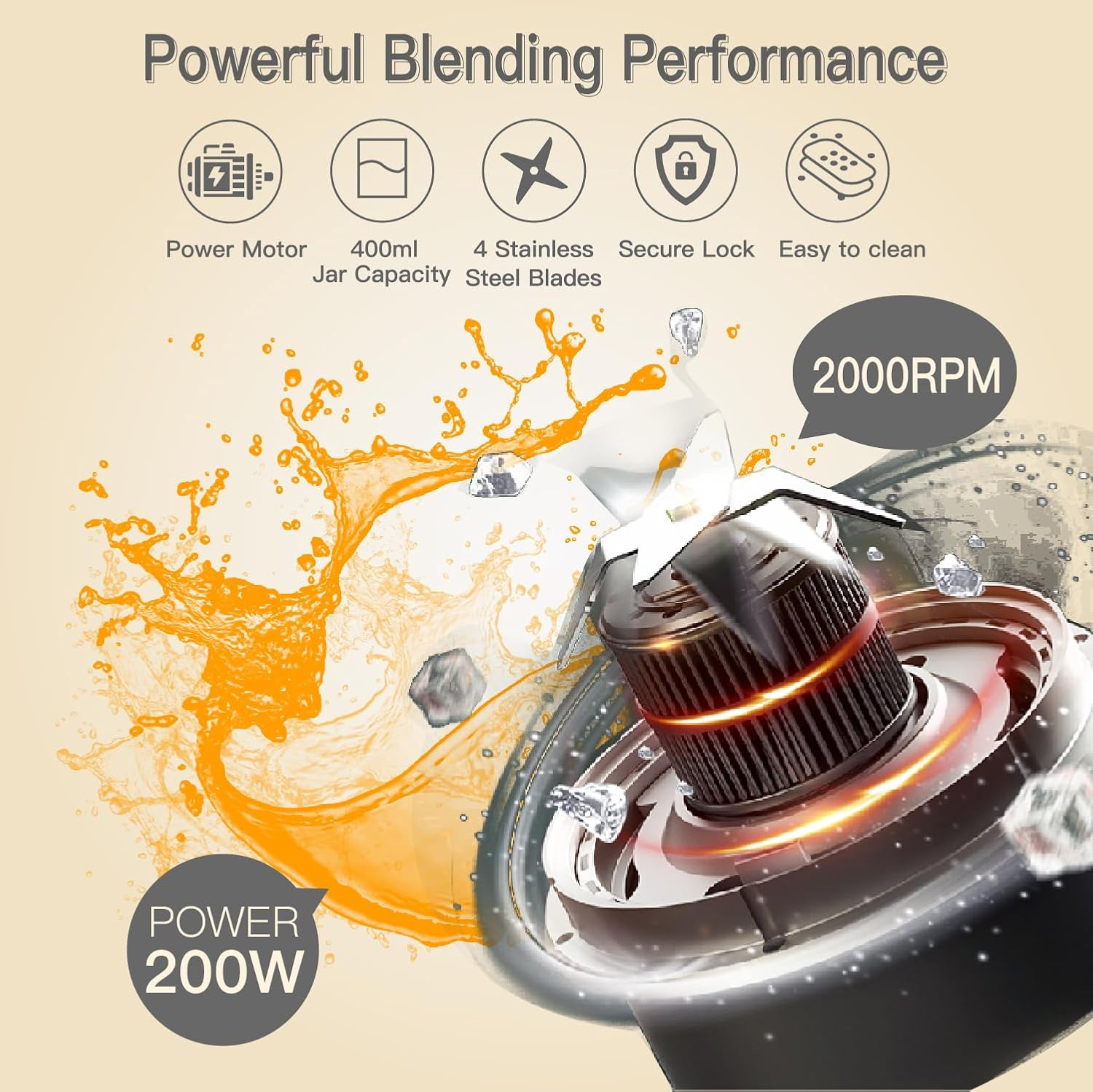 OTE Smoothie Blender, Retro Kitchen Small Glass Blender for Shakes and Smoothie with 400Ml Glass Container to Go (Beige)