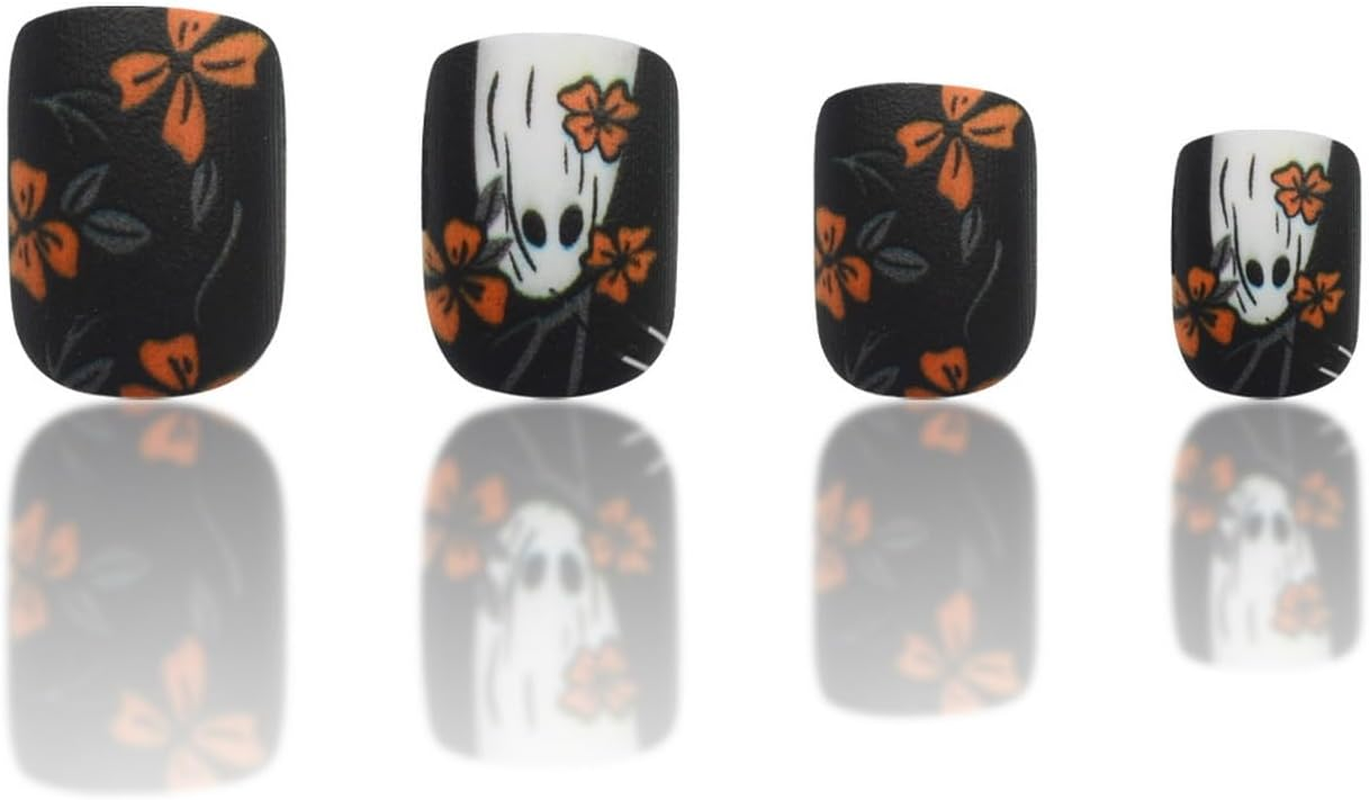 Halloween Yellow Flowers Press on Nails Short Square Fake Nails with Cute Little Ghost Designs Black Matte Artificial Nails Full Cover Stick on Nails Halloween Glue on Nails for Women Nail Art DIY image number 6