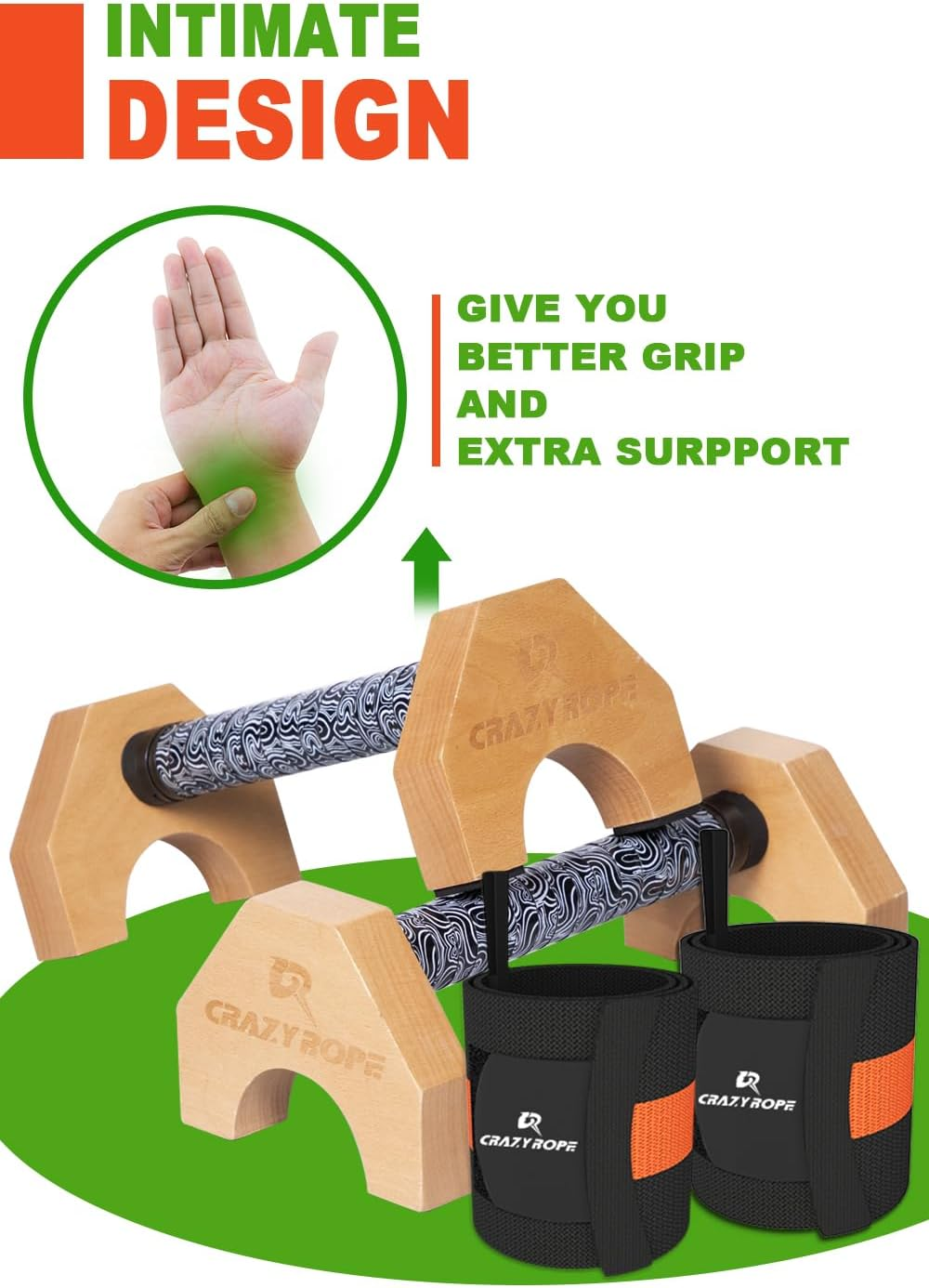 Wooden Parallettes with Wrist Wraps, Push up Bar Push up Handle, Calisthenics Equipment for Fitness, Gymnastics, Aerobics, Home Workout Equipment for Men & Women image number 5