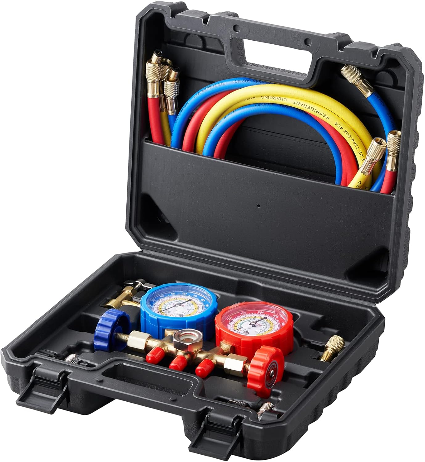 VEVOR AC Gauge Set - 3 Way AC Manifold Gauge Set for R134A R22 R12 R502 Refrigerant, Freon Gauges with 5Ft Hoses, Couplers, Can Tap Works on Car Auto Freon Charging and Evacuation image number 4