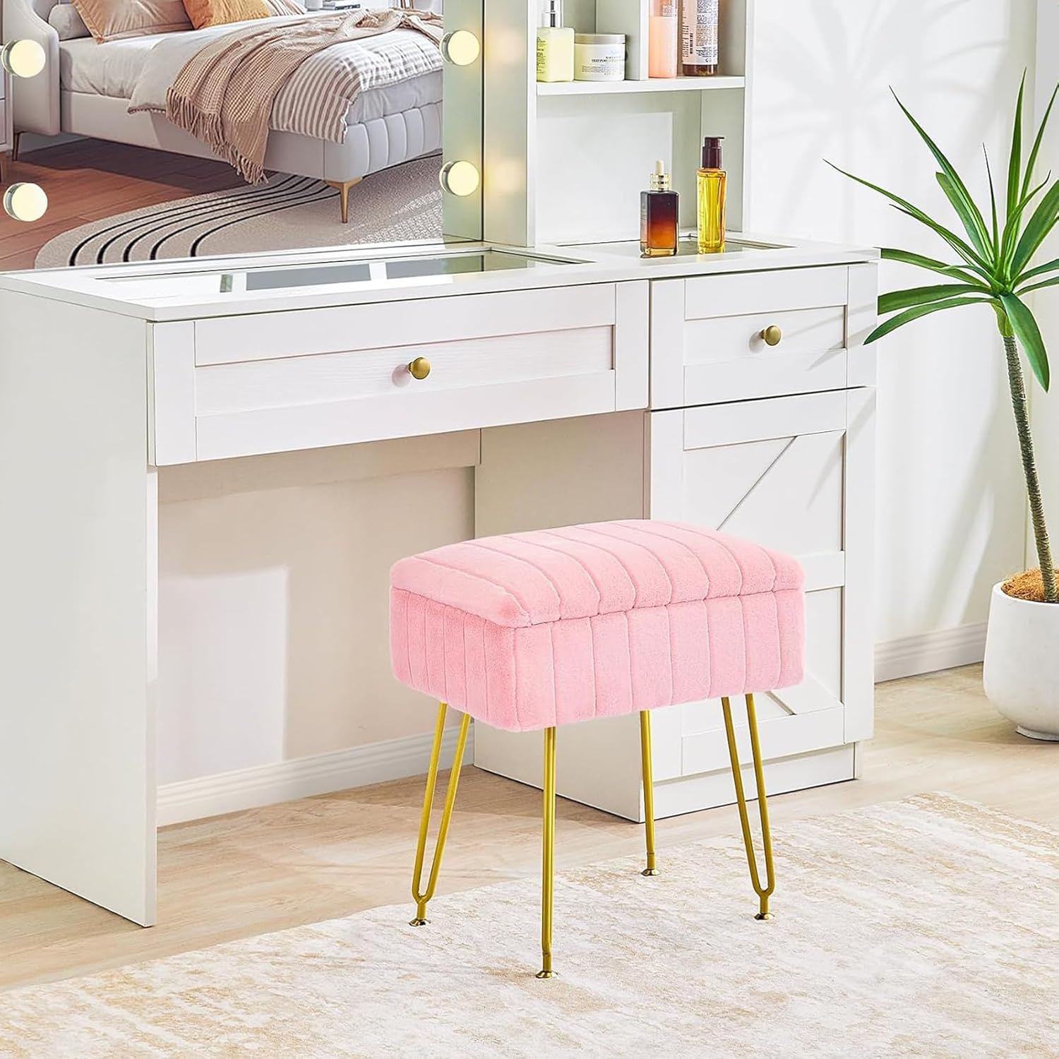 Pink Vanity Stool Chair, Faux Fur with Storage Vanity Stool with 4 Metal Legs, Modern Vanity Chair for Makeup Room and Bedroom, 40 * 30 * 50Cm image number 5