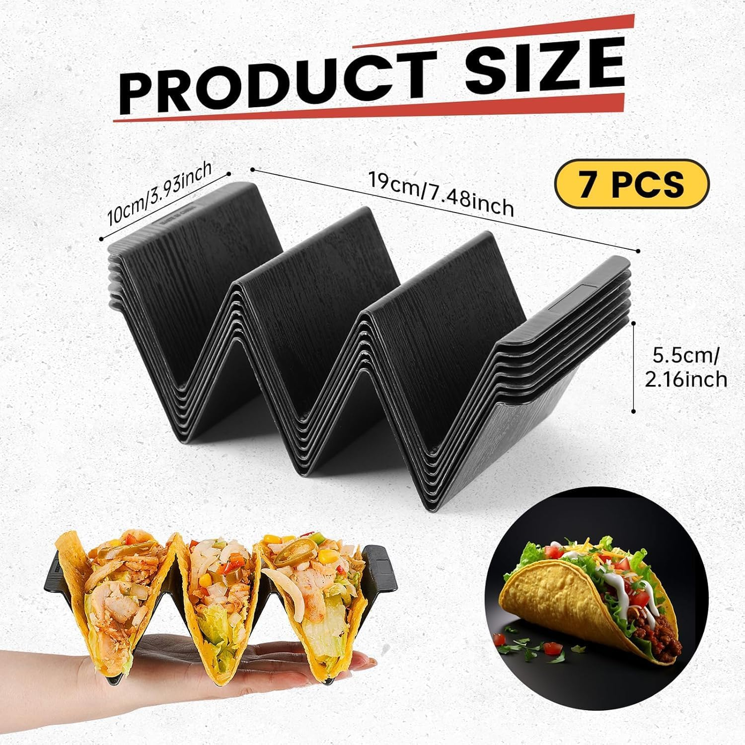 Mexico Taco Holder Stands Set of 7 Black Large Tray Plates Plastics Holder for Taco Night Tuesday Carnival Party Supplies, Dishwasher Microwave Safe image number 3