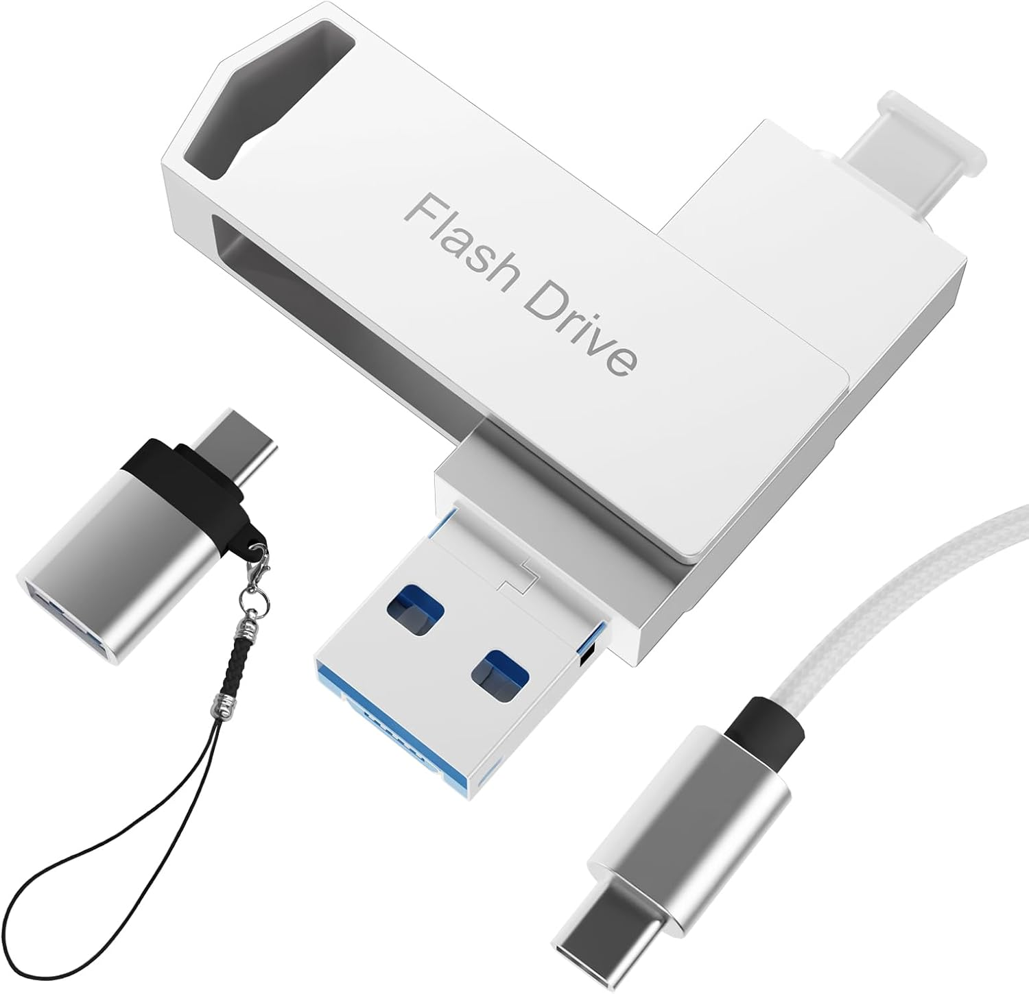 512GB 4In1 USB Flash Drive for Iphone USB3.0 Stick for Data Storage, Memory Stick for Data Storage, Compatible with Iphone, Ipad, Android, Pc-Stick with USB-C Cable& Adapter,Lanyard (Silver)