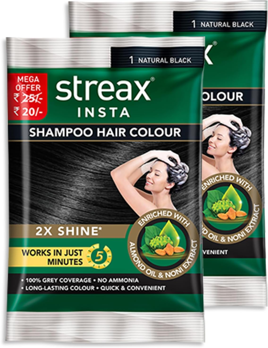 Streax Insta Shampoo Hair Colour for Men & Women | Enriched with Almond Oil & Noni Extracts | Long-Lasting Instant Colour | Natural Black, 15 Ml (Pack of 16) image number 2
