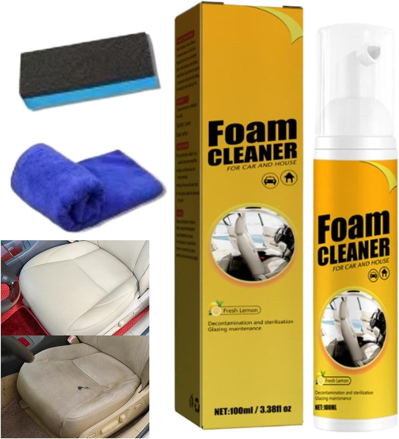 Fbinys Foam Cleaner for Car - Car Steering Wheel Foam Cleaner with Cloth and Sponge,100Ml Automotive Detailing Agent for Central Console Steering Wheel Dashboard Trim Door Upholstery image number 5