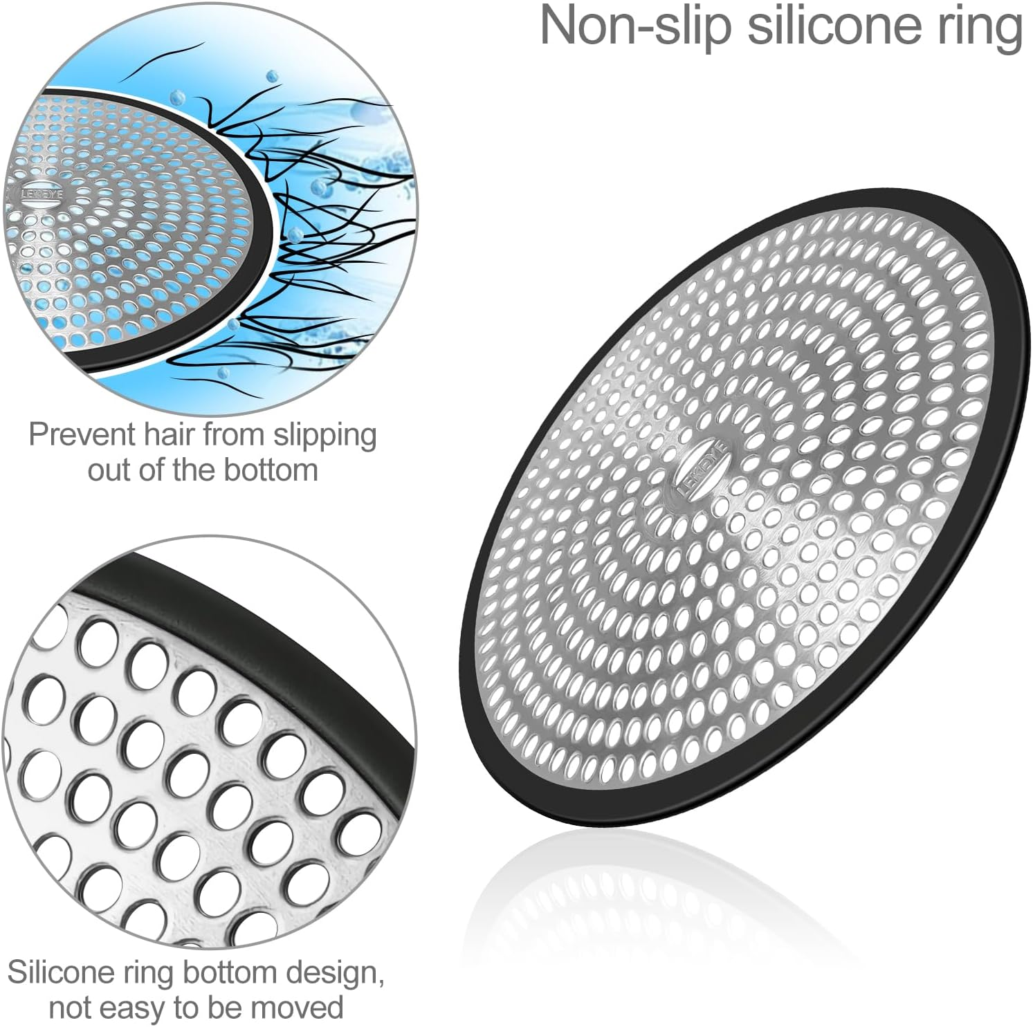 LEKEYE Shower Drain Hair Catcher | Strainer | Shower Stall Drain Cover | Bathroom Drain Protector Stainless Steel and Silicone(Black), LE8803 image number 3