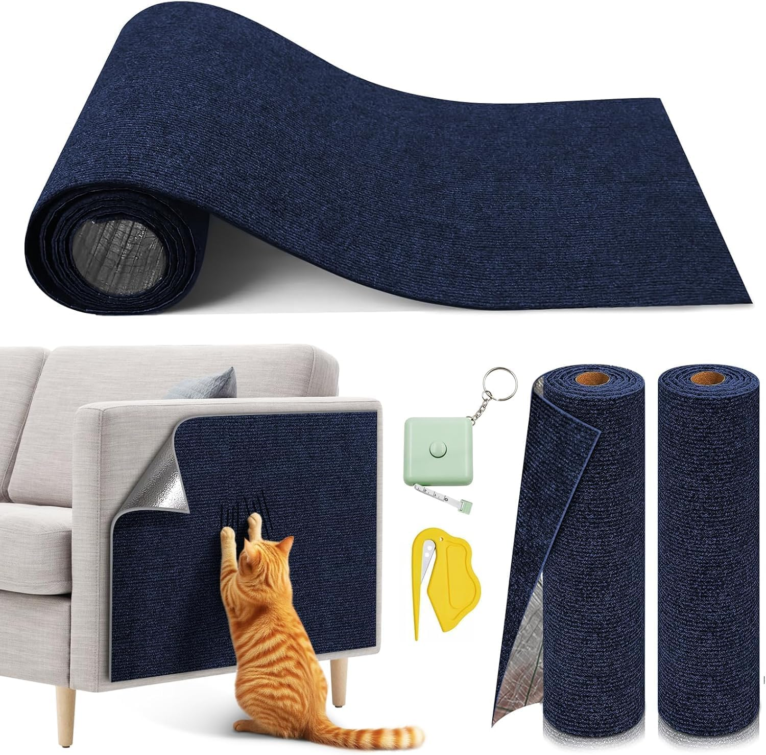MIAOKE Pack of 2 90 X 40 Cm, Scratch Protection for Cat Furniture with Utility Knife and Tape Measure, Cut to Size Self-Adhesive Scratching Mat for Cats, Suitable for Homemade Scratching Post Stands