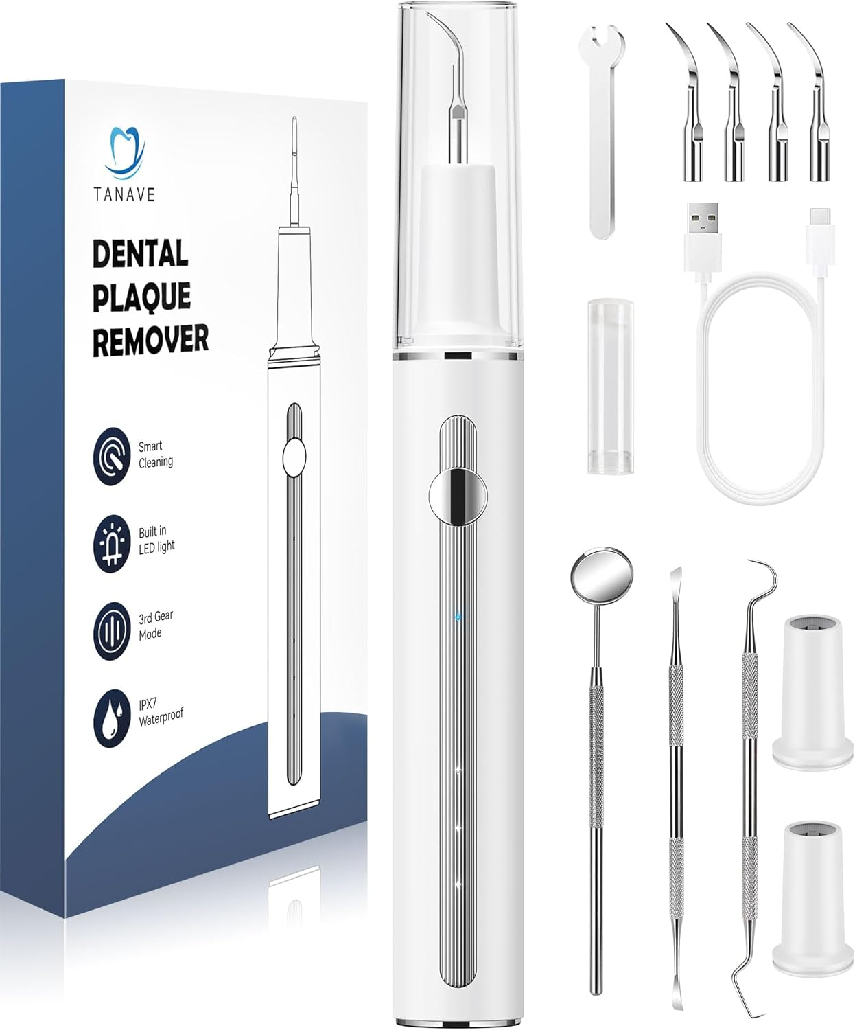 Teeth Cleaning Kit Plaque Remover for Teeth, Portable Dental Plaque Remover Tool with LED, Plaque Blaster for Human Teeth with 3 Modes, Tooth Scraper Plaque Tartar Remover for Teeth with Dental Tools (White) image number 1