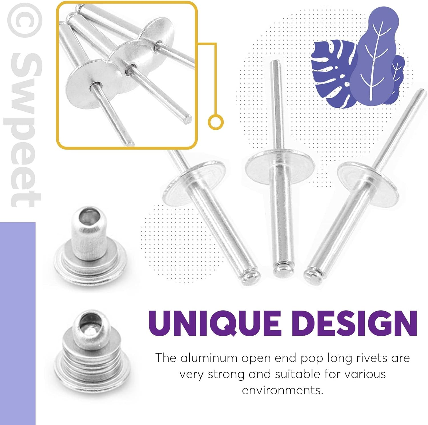 Swpeet 240Pcs 3/16" X 3/8" / 1/2" / 5/8"/ 3/4"/ 1" Large Flange Aluminum Blind Rivets Kit, Silver Pop Rivets Open End Type Pop Rivet for Indoor and Outdoor Use image number 3
