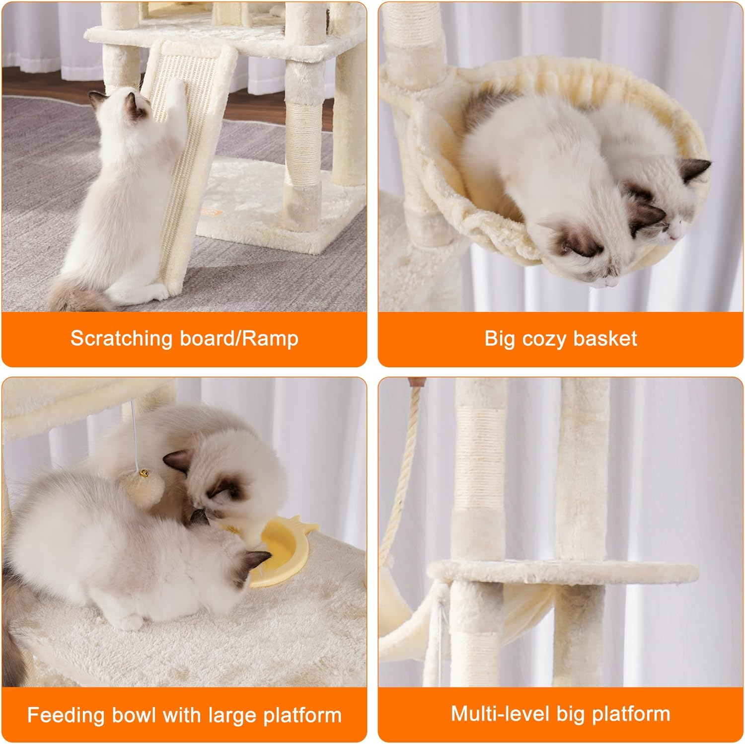 Heybly Tall Cat Tree,78 Inch Multi-Level Cat Tower for Indoor Cats,2 Widened Plush Perches Cat Condo with Scracthing Board and Big Caves,Beige HCT033M image number 6
