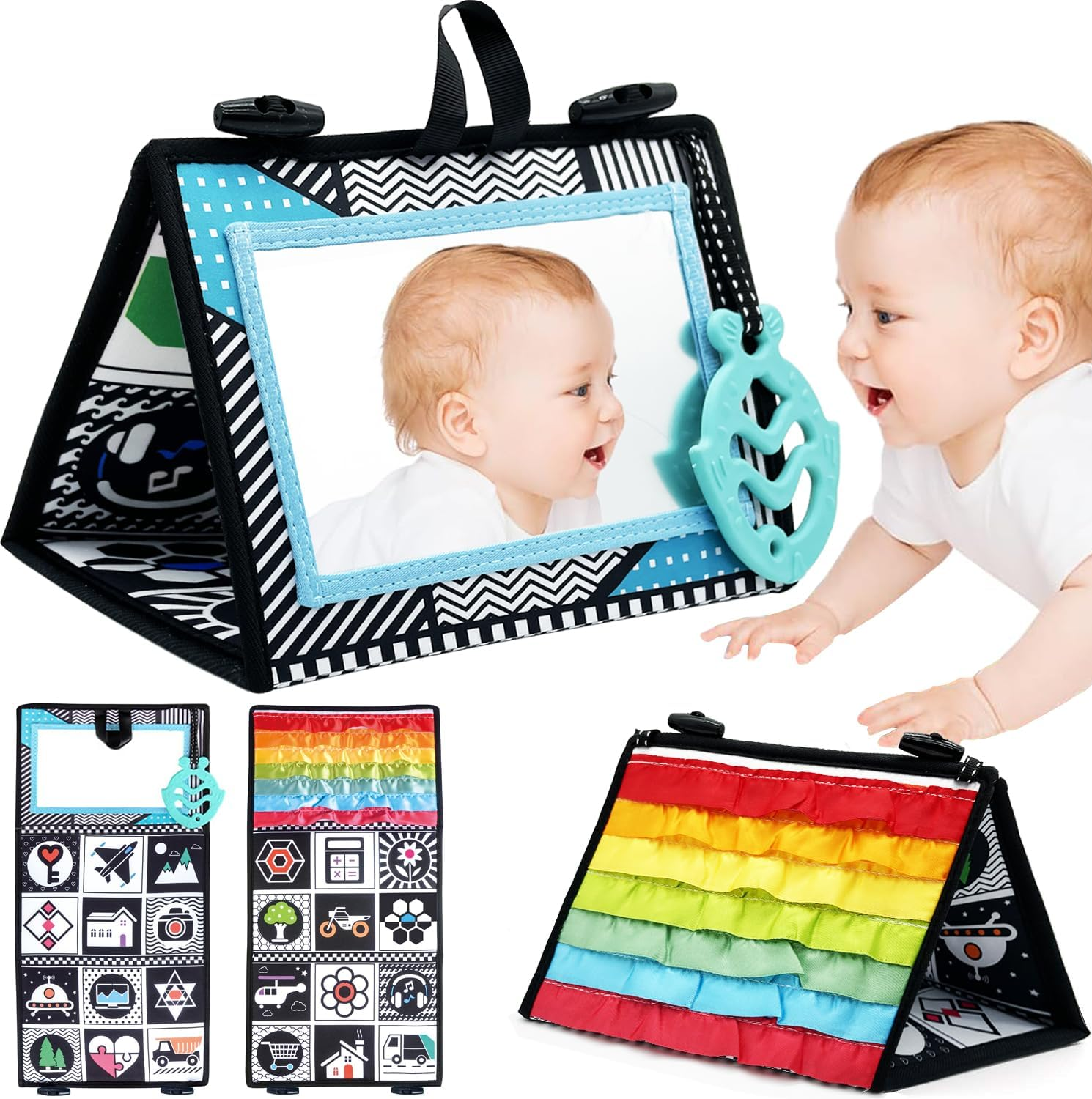 Tummy Time Mirror Toys for Babies, High Contrast Activity Montessori Newborn Infant Toys, Black and White Baby Toys for 0 3 6 9 12 Month Boy Girl Crawling Sensory Toy Floor Crib Car Activity Essential