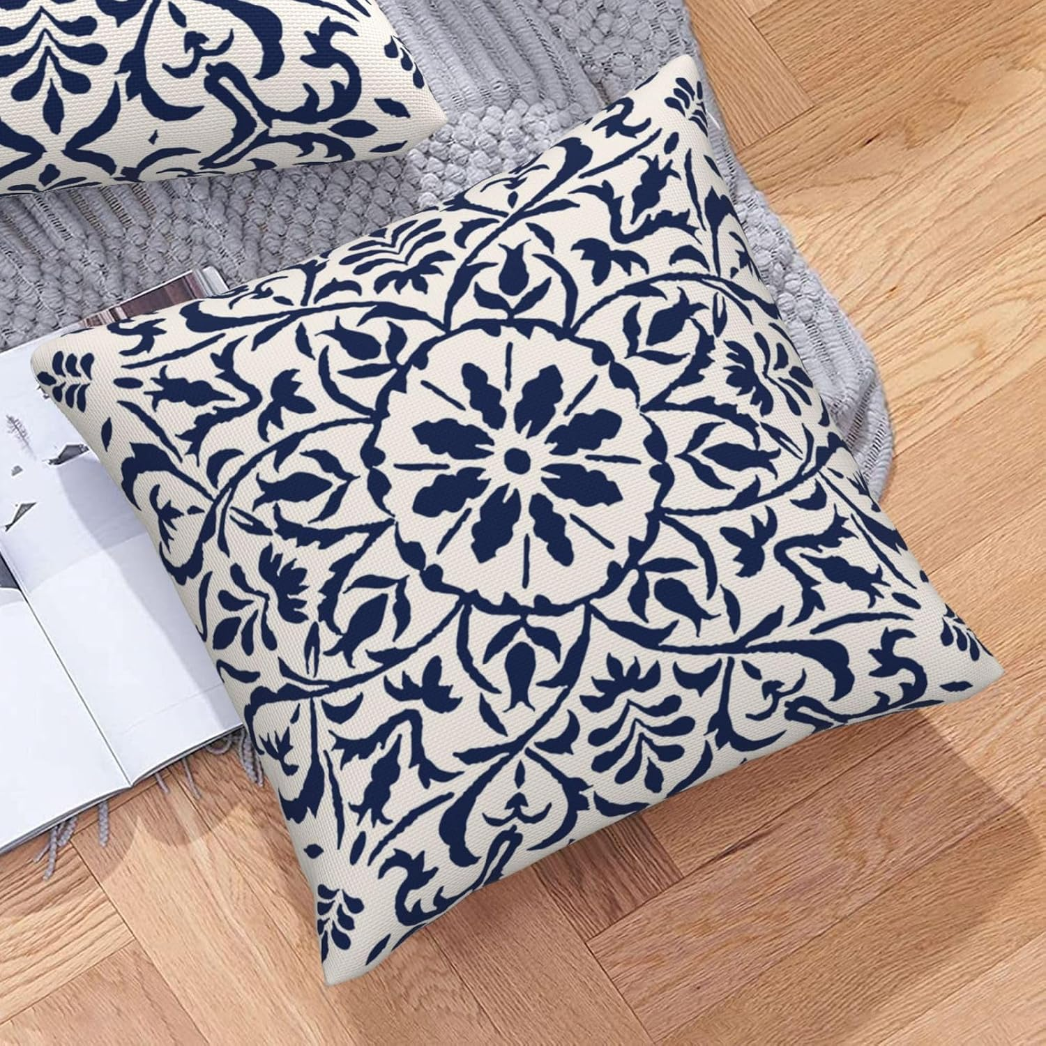 Set of 2 Navy Blue Boho Cushion Cover 50Cm X 50Cm Bohemian Geometric Modern Decor Square Linen Pillow Cases for Sofa Bed Couch Outdoor Cushions Covers 20X20 Inches image number 5