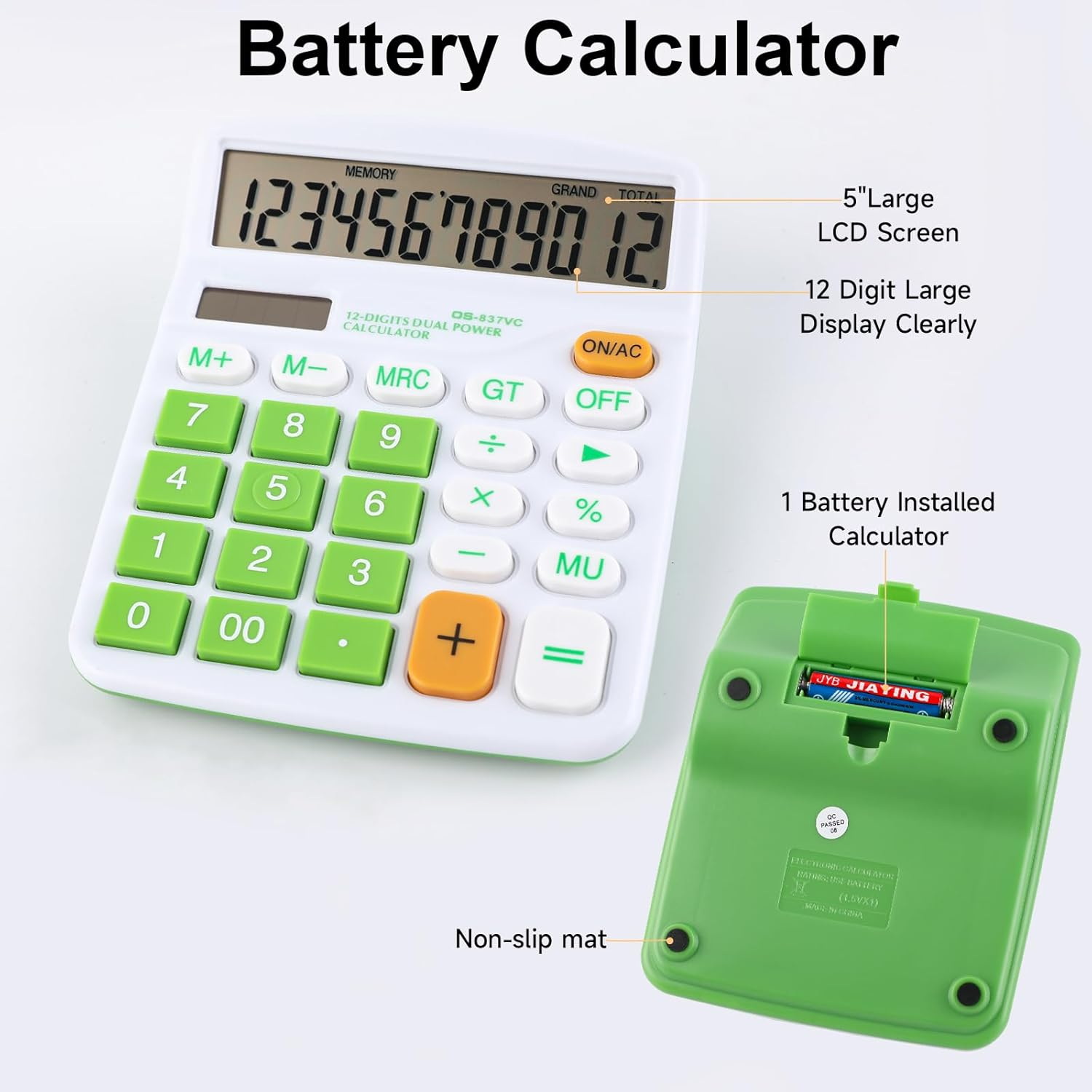 Meichoon Calculator Desktop Solar Battery Dual Power, 12 Digit Large LCD Display Financial Dedicated Calculator Large Standard Function Desktop Business Calculator for Office/Home/School KA08 Green image number 2