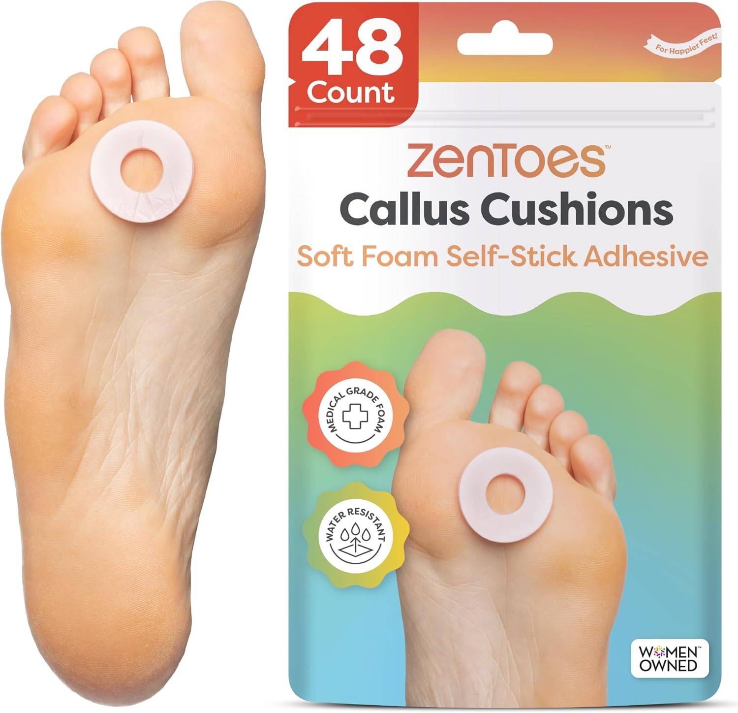 Zentoes Soft Foam Callus Cushions Waterproof Pads Toe and Foot Protectors (48 Count)