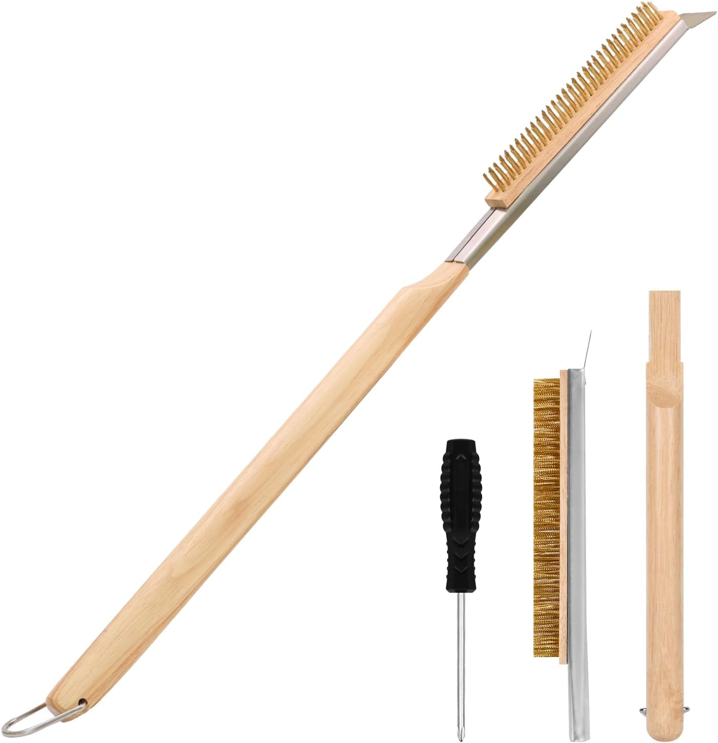 Pizza Oven Brush, 21.8" Brush and Stainless Steel Scraper for Pizza Stone, BBQ Grill Cleaning Brush Non Scratch Heat Proof Brass Bristles with Screwdriver, Outdoor Pizza Oven Accessories image number 3