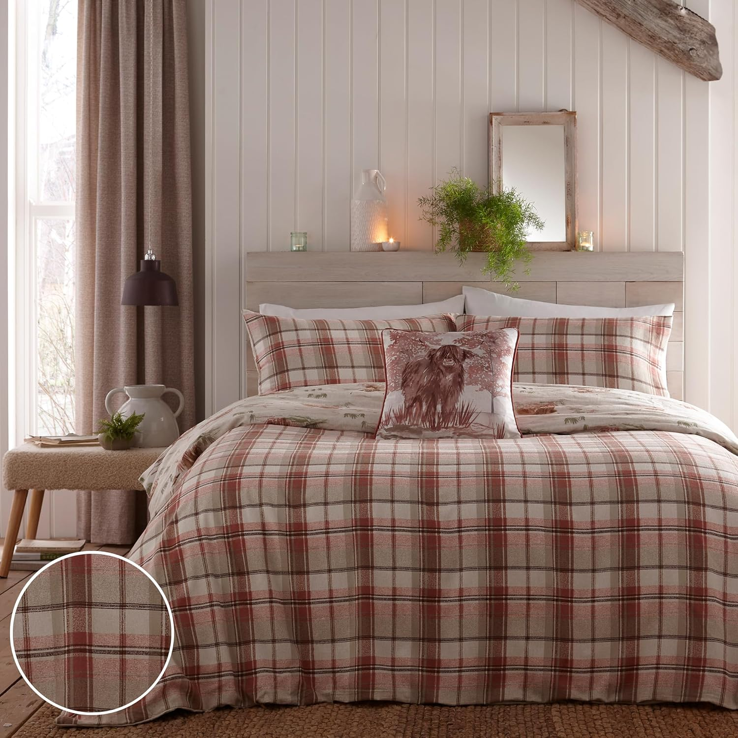 Dreams & Drapes - Highland Cow Duvet Cover - King Bedding Size (230 X 220Cm) - Soft 100% Brushed Cotton - Red Checkered Bedding with Cows - Highland Cow Bedding in Red Terracotta - Woodland Bedding