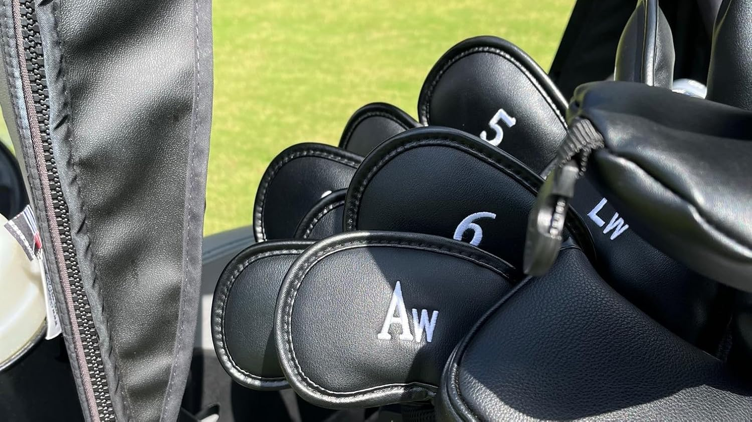 All Teed up Premium Magnetic Leather Iron and Wedge Golf Club Head Covers | Set of 10 | Fits Most Clubs | Embroidered Club Label on Both Sides of Club Head Cover image number 2