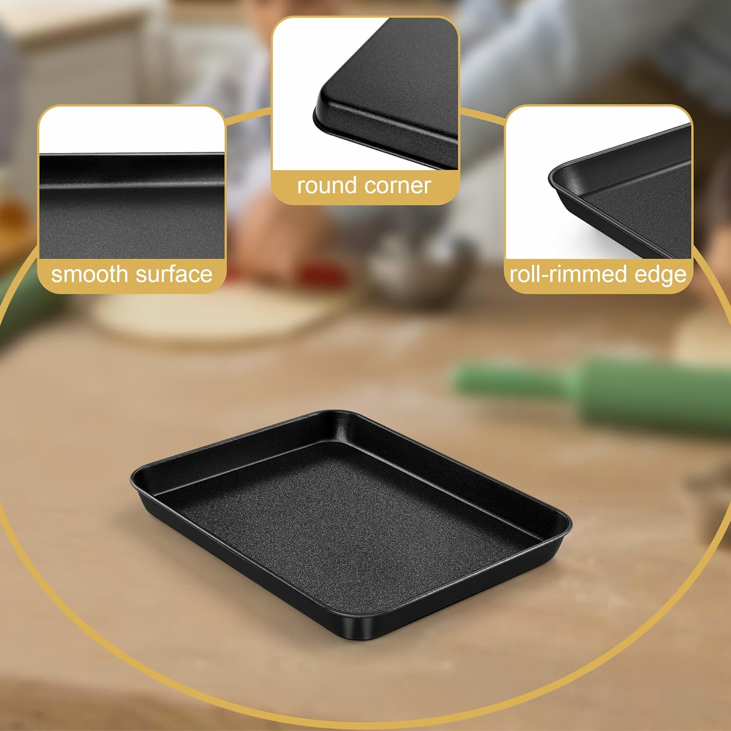 E-Far Mini Toaster Oven Pan, 9X7X1 Inch Small Baking Sheet Tray for Cookies Cake, Nonstick Carbon Steel Baking Pan for Bacon Steak, Nontoxic & Easy Clean, Heat & Warp Resistant image number 3